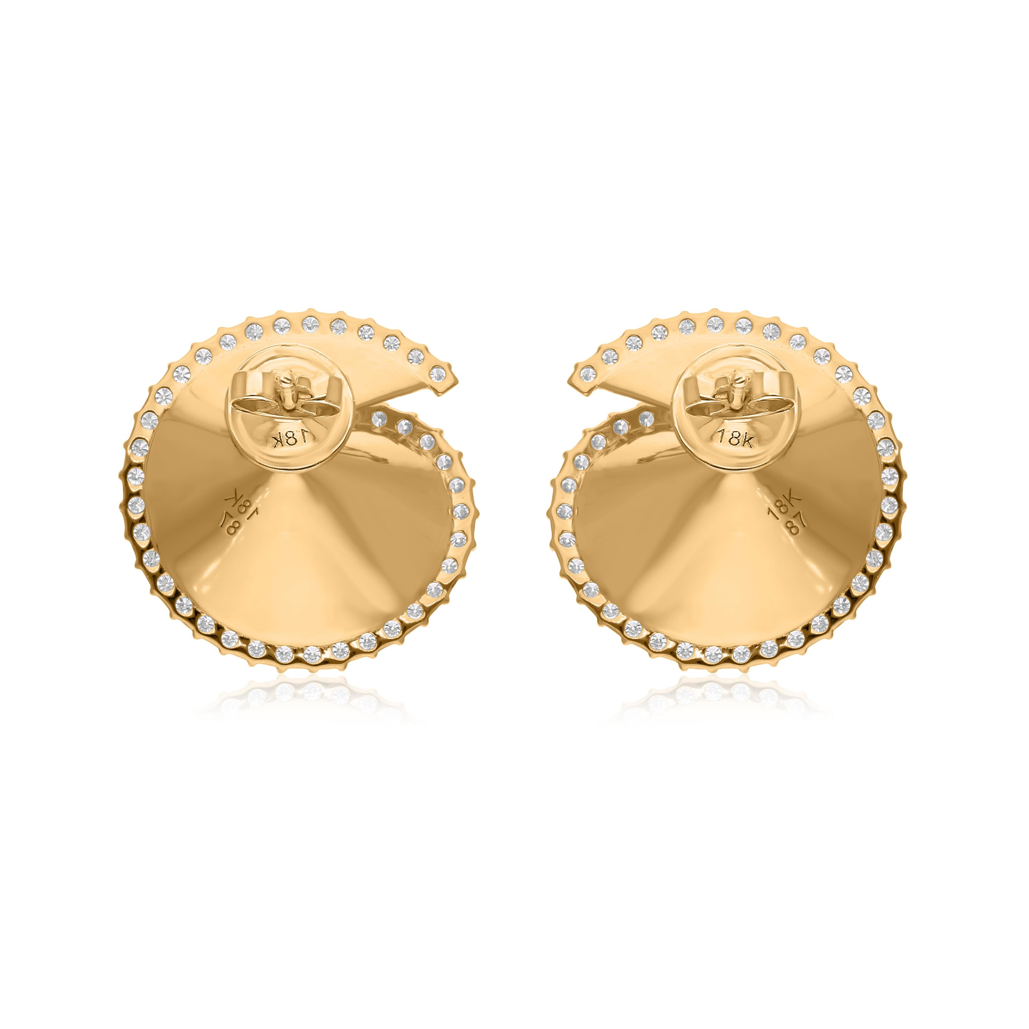 Women's 1.12 Carat SI Clarity HI Color Diamond Designer Earrings 18 Karat Yellow Gold For Sale