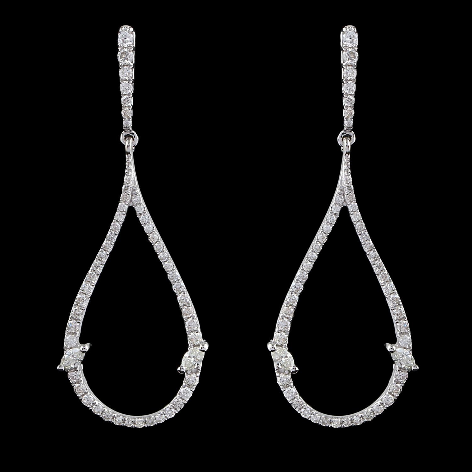 Women's 1.12 Carat SI Clarity HI Color Diamond Pave Drop Earrings 18 Karat White Gold For Sale