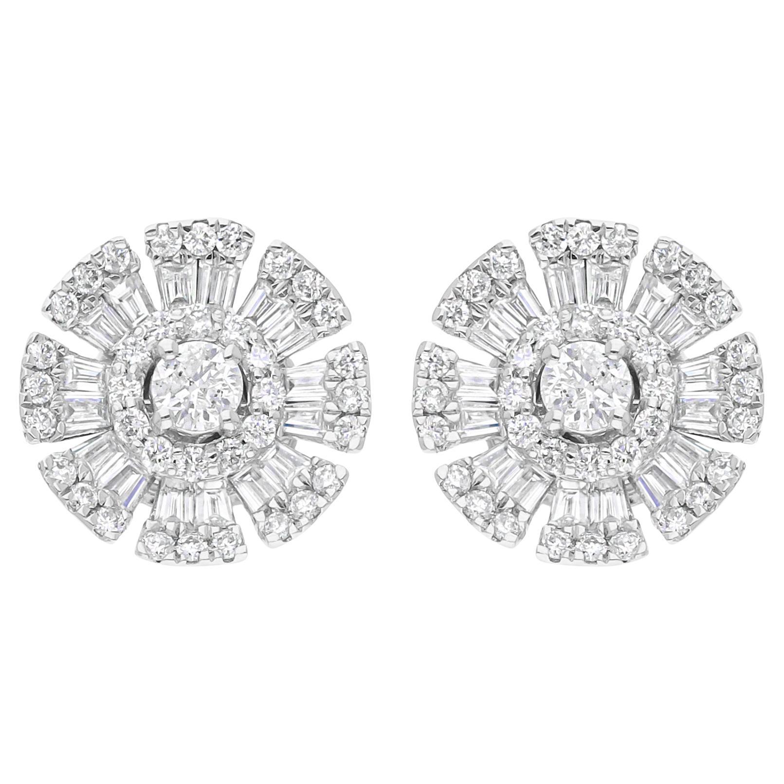 Pendientes de diamantes baguette redondos SI/H de 1,12 quilates Oro blanco de 14 quilates Joyería fina