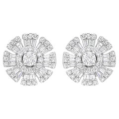 Pendientes de diamantes baguette redondos SI/H de 1,12 quilates Oro blanco de 18 quilates Joyería fina