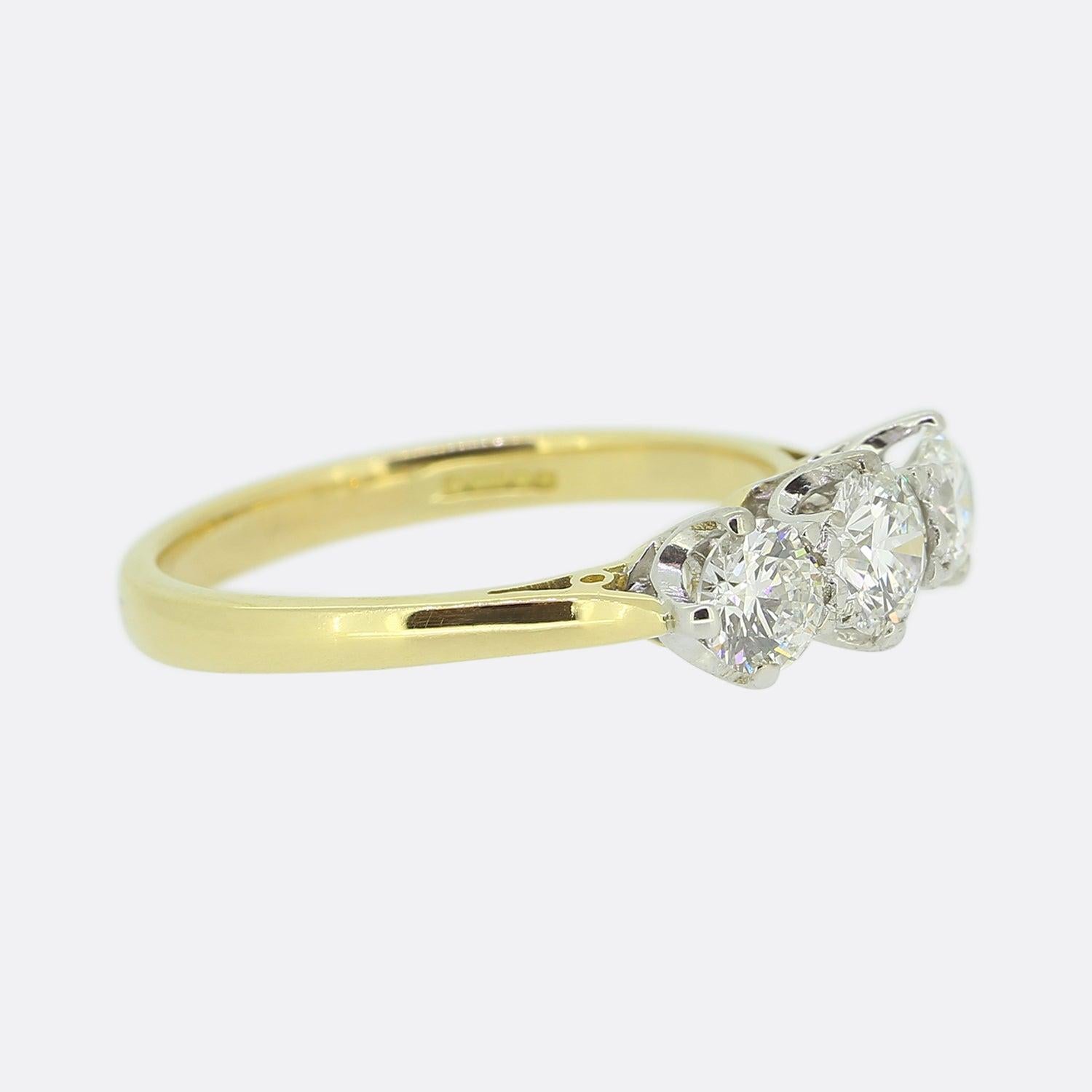 Brilliant Cut 1.12 Carat Three-Stone Diamond Ring For Sale