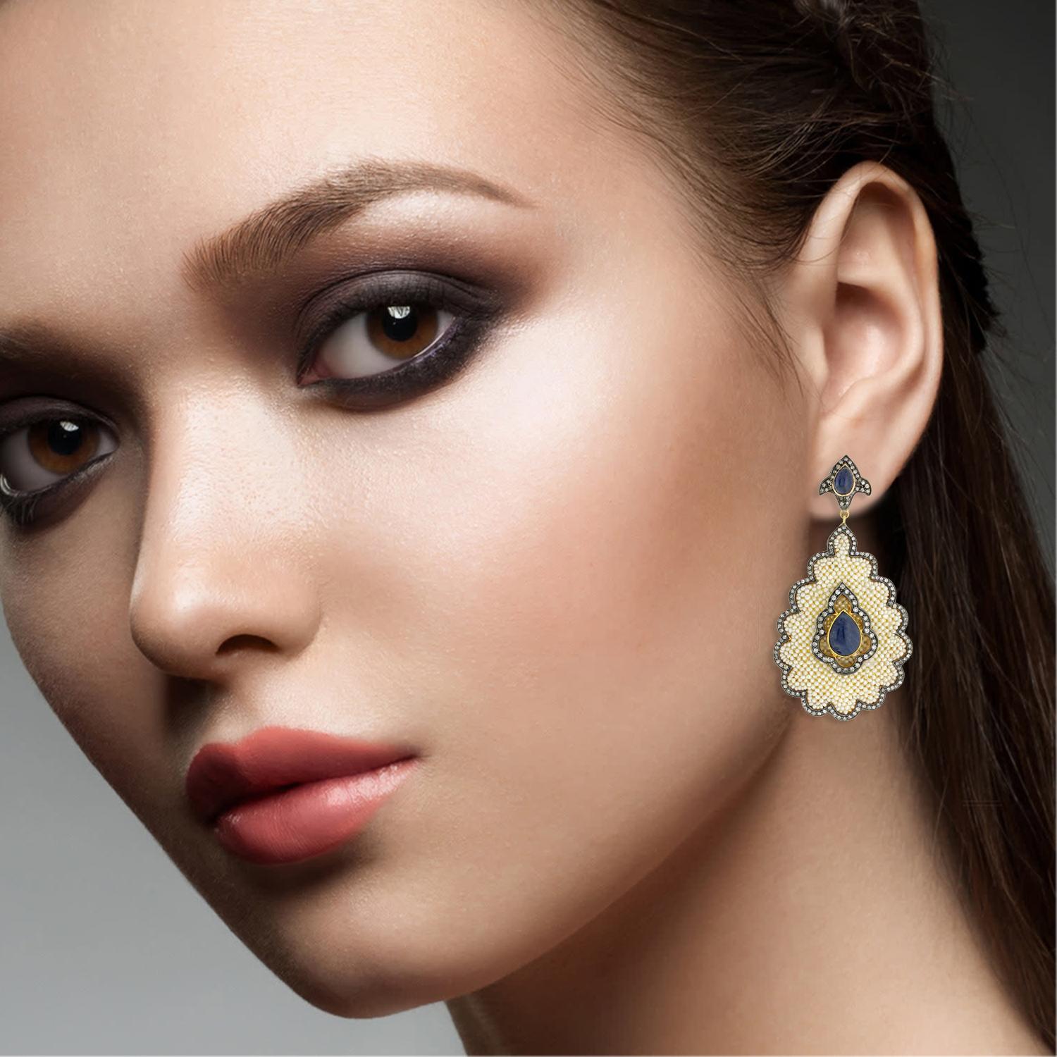 11,2 Karat Blauer Saphir Perle Diamant-Ohrringe (Gemischter Schliff) im Angebot