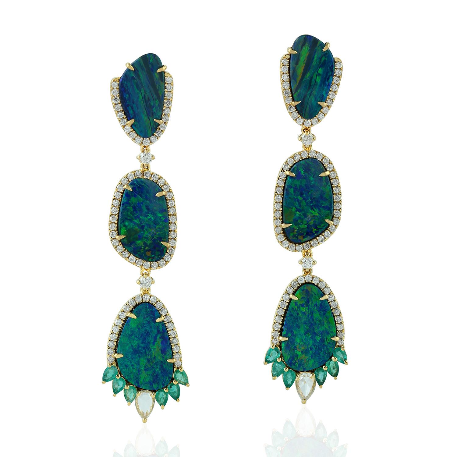 Mixed Cut 11.2 Carat Opal Emerald Diamond 18 Karat Gold Earrings For Sale