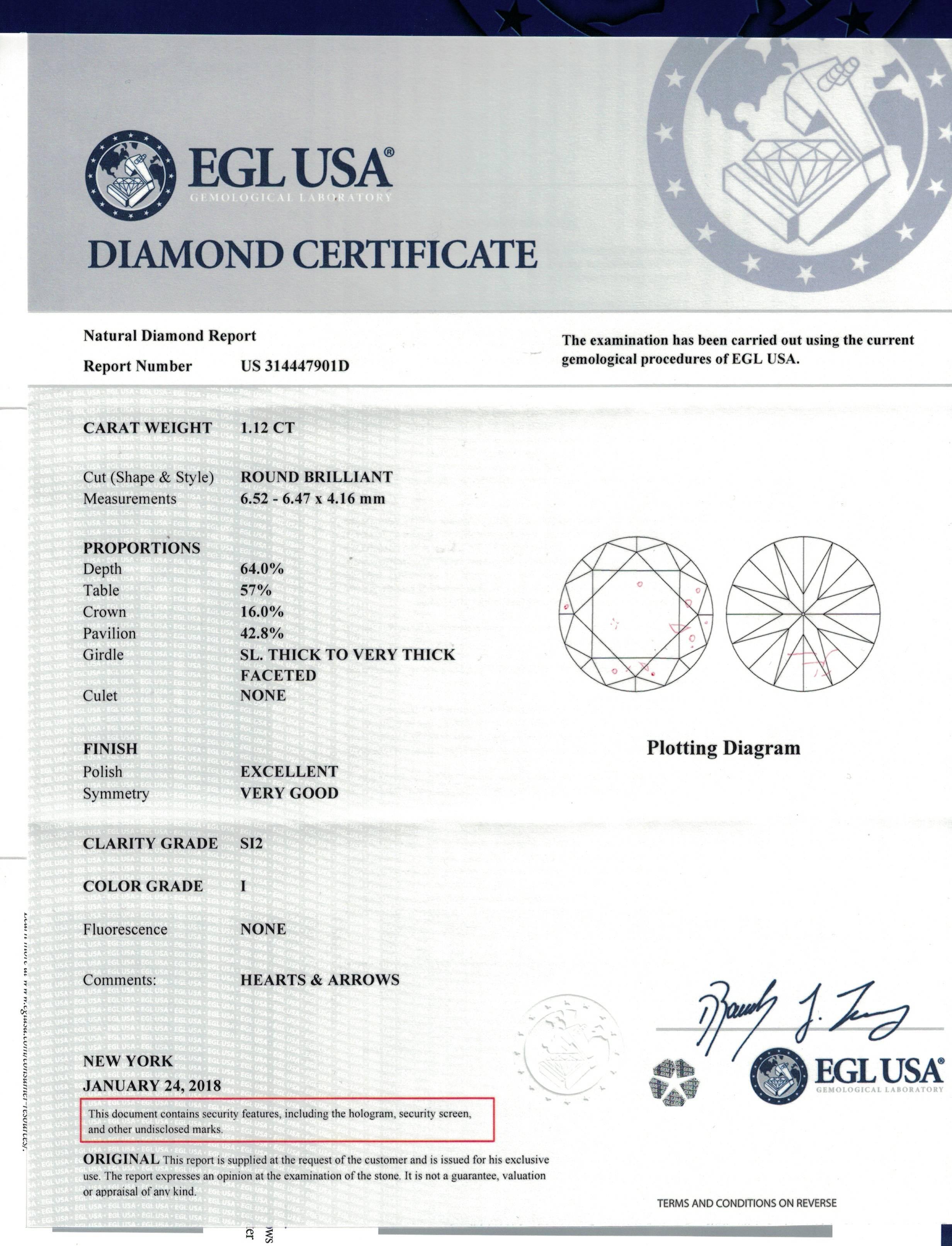 Round Cut 1.12 Carat Round Solitaire Platinum Ring EGL I/SI2 For Sale