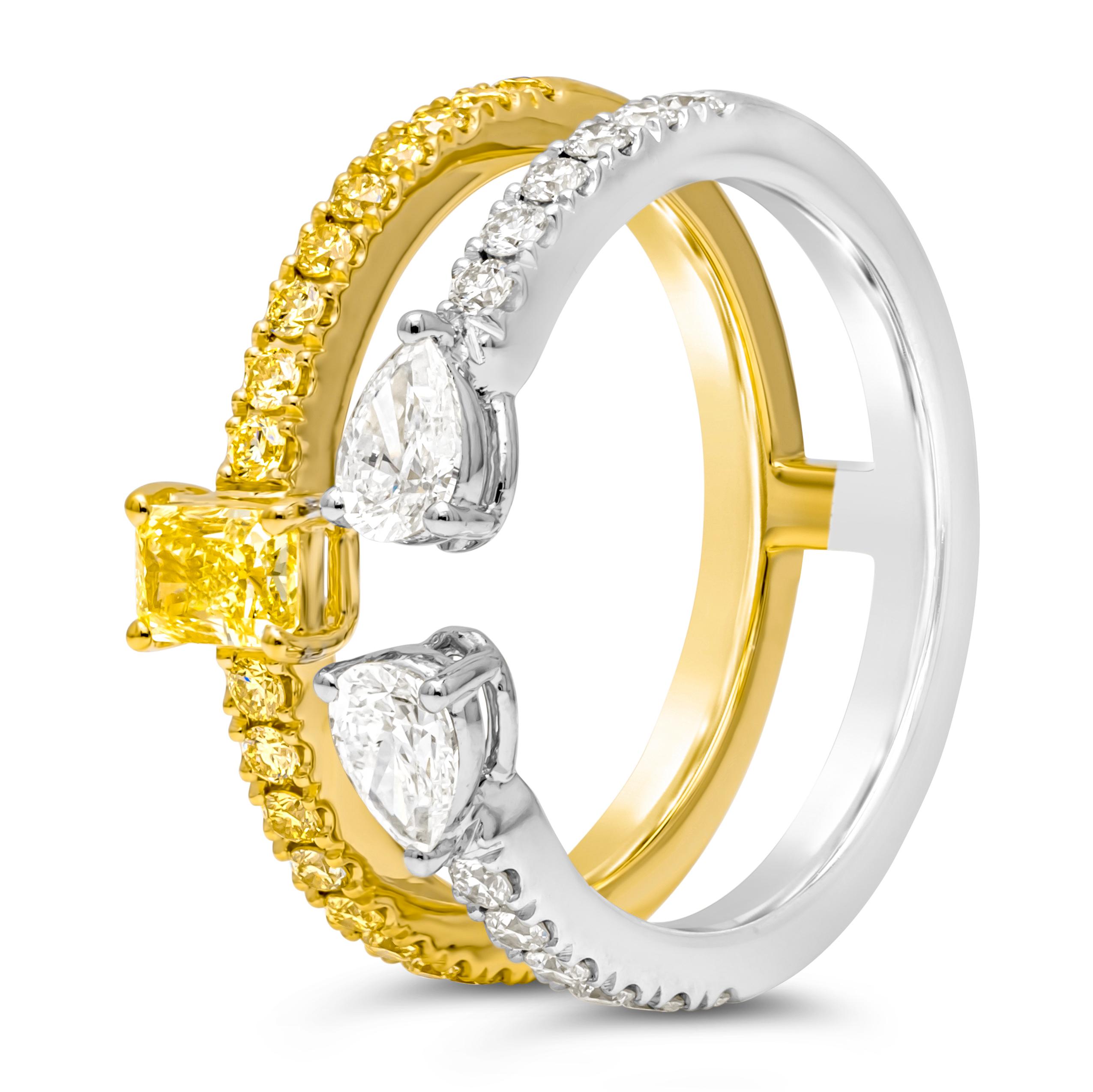 Contemporain Bague à la mode double anneau de diamants blancs et de couleur fantaisie de 1.12 carat au total en vente