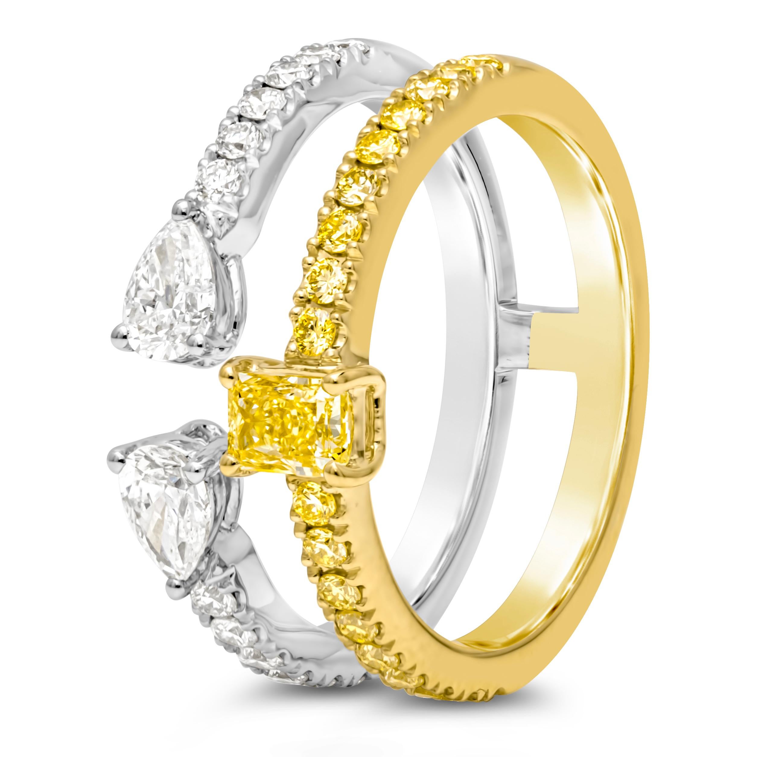 Taille mixte Bague à la mode double anneau de diamants blancs et de couleur fantaisie de 1.12 carat au total en vente