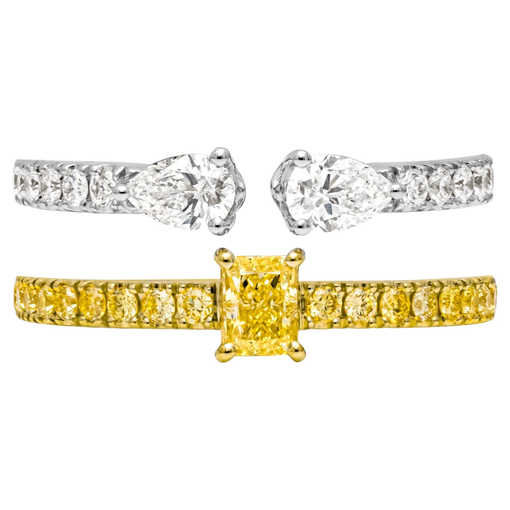 Bague à la mode double anneau de diamants blancs et de couleur fantaisie de 1.12 carat au total en vente