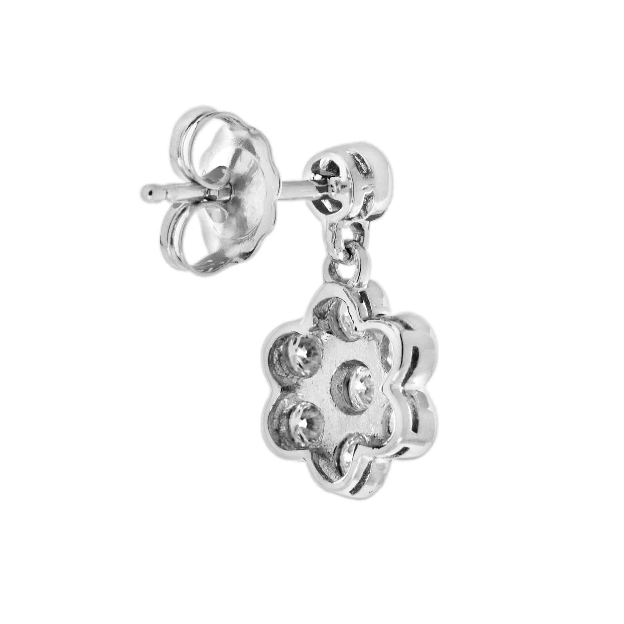 Round Cut 1.12ct. Diamond Cluster Vintage Style Floral Drop Earrings in 14k White Gold For Sale