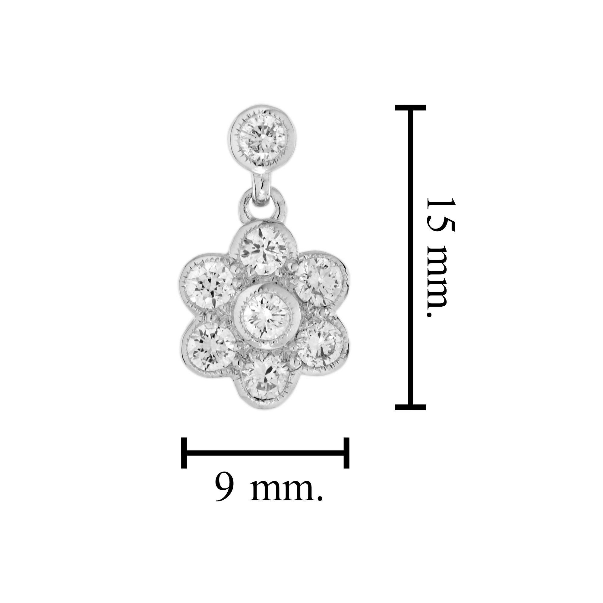 1.12ct. Diamond Cluster Vintage Style Floral Drop Earrings in 14k White Gold In New Condition For Sale In Bangkok, TH