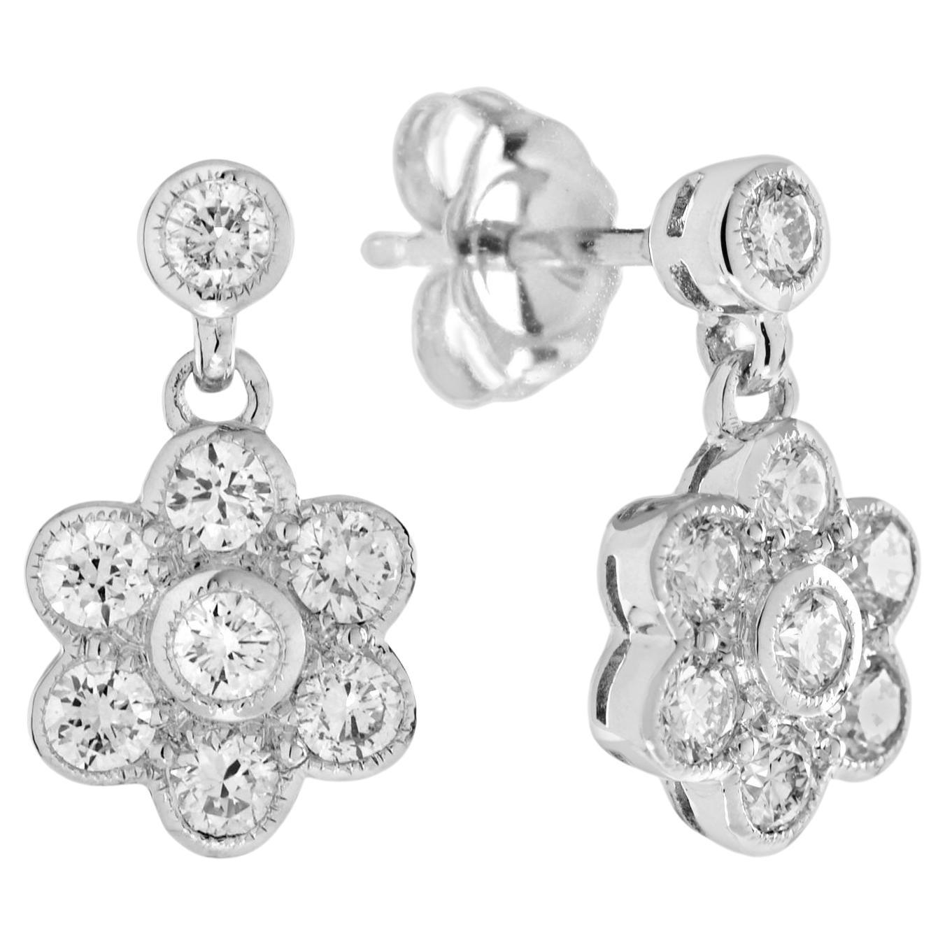 1.12ct. Diamond Cluster Vintage Style Floral Drop Earrings in 14k White Gold For Sale