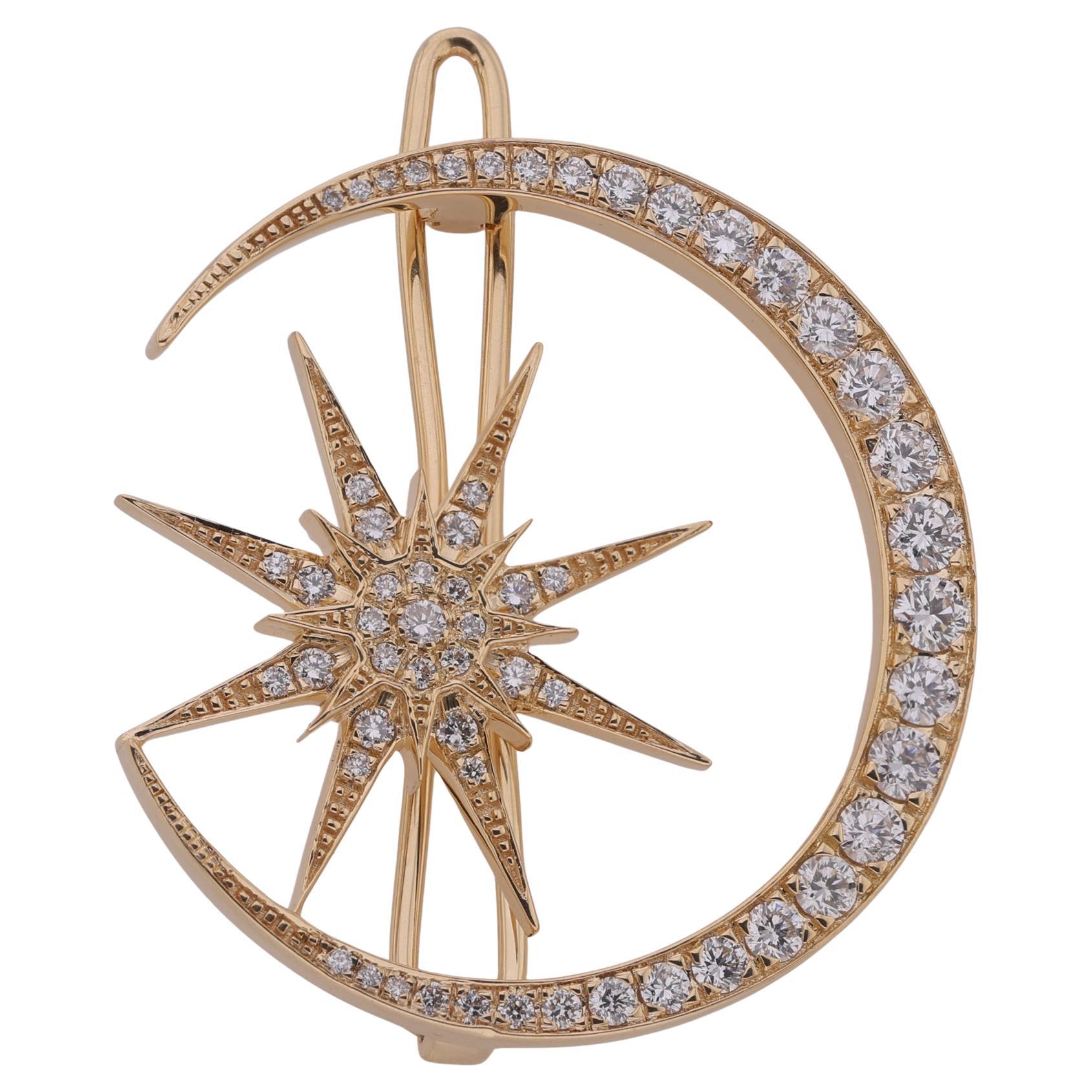 1.12 Ct Diamante Natural Estrella Luna Broche Joyería de Oro Amarillo 14k