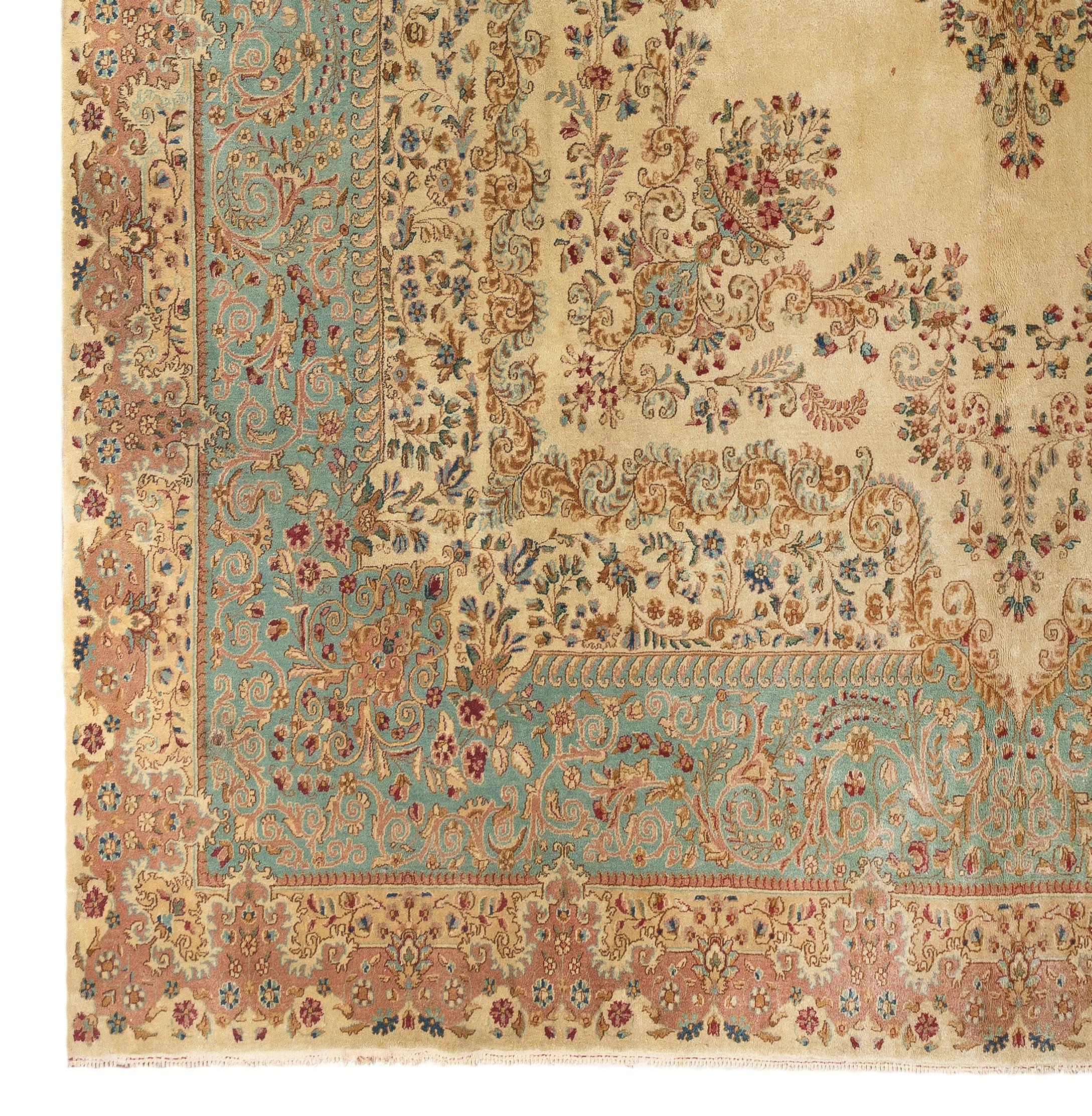 Kirman Vintage Persian Kerman Rug, Soft Merino Wool, Beautiful Colors, 11.2 x 13.6 Ft 