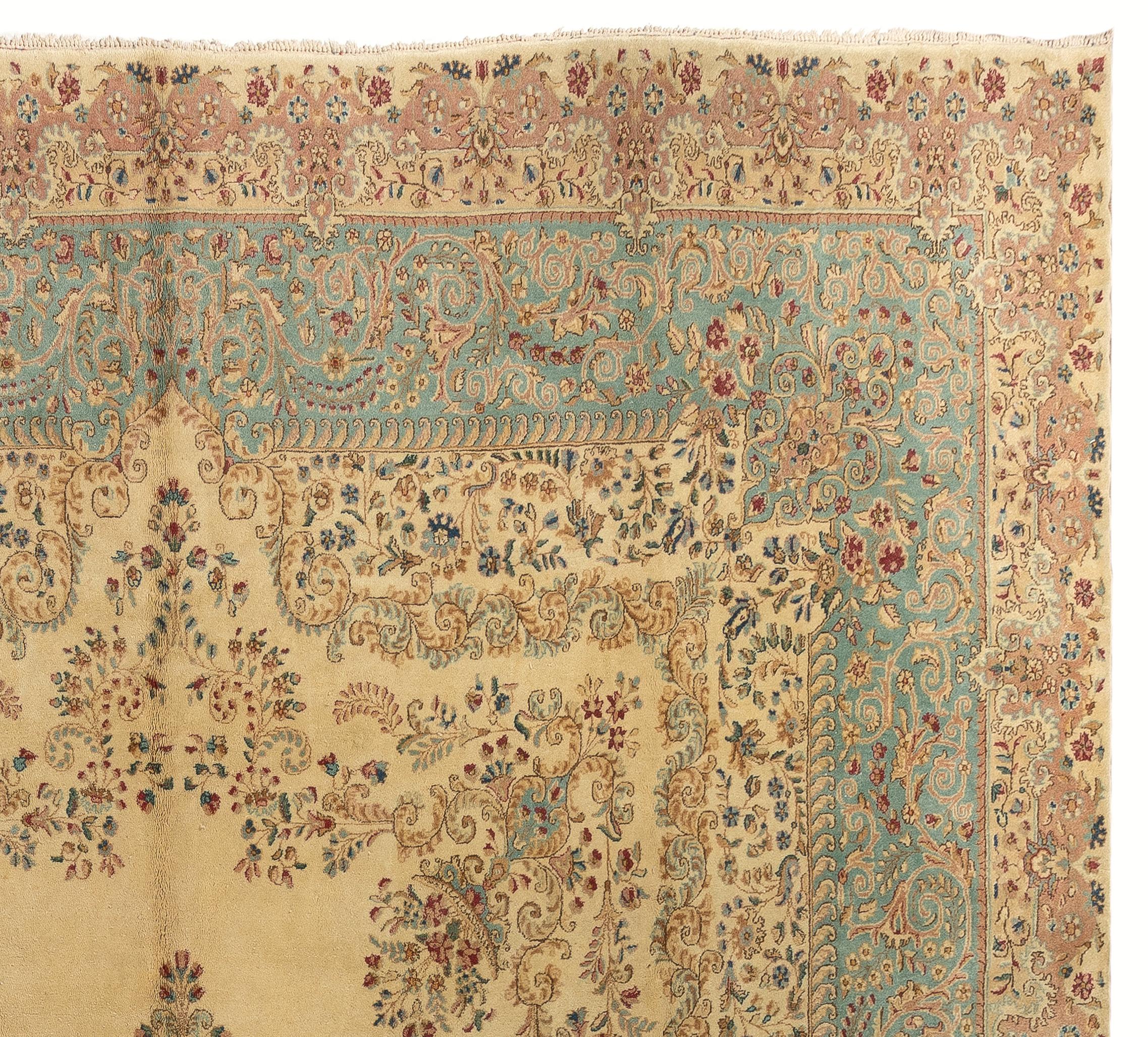 Hand-Woven Vintage Persian Kerman Rug, Soft Merino Wool, Beautiful Colors, 11.2 x 13.6 Ft 