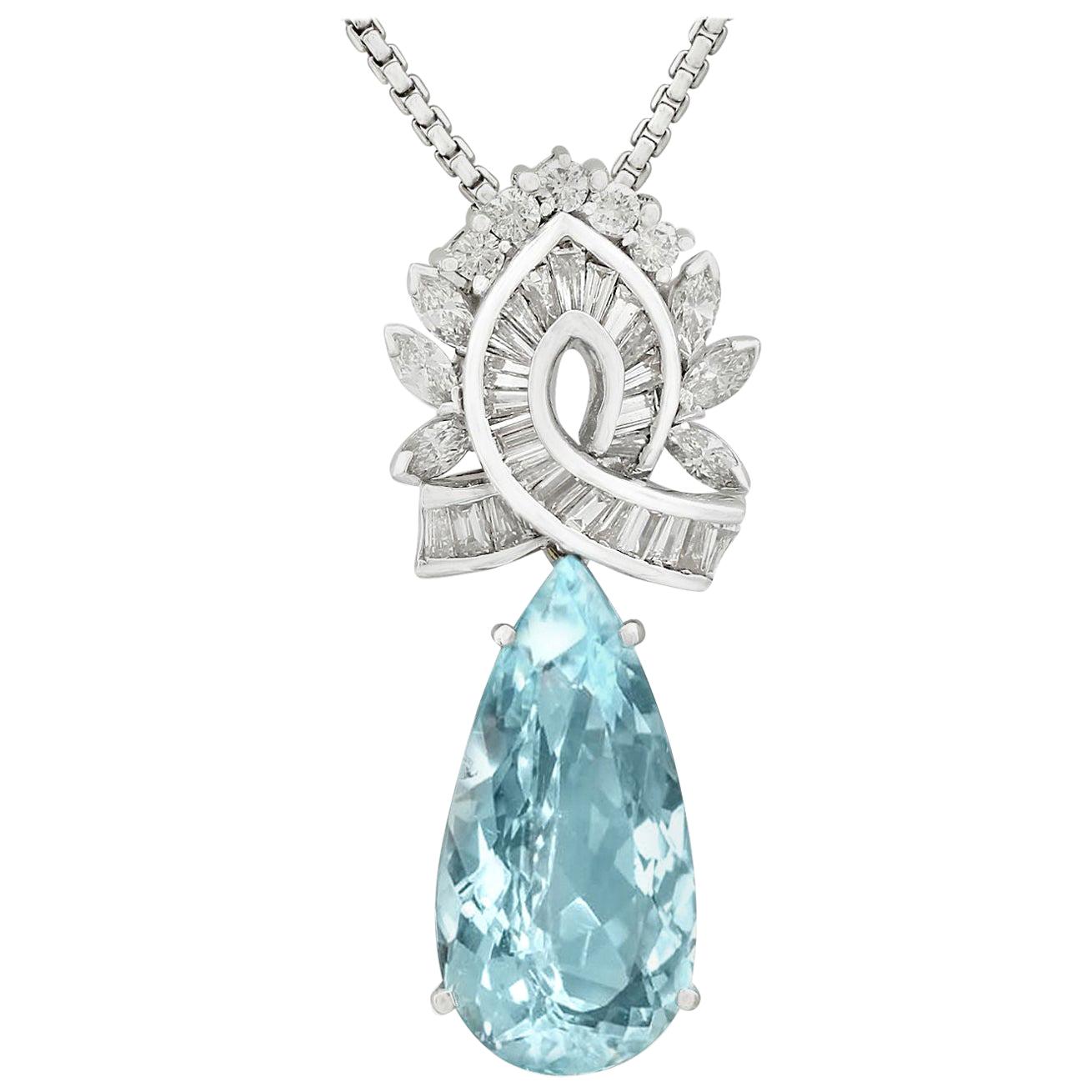 11.20 Carat Aquamarine and 2.37 Carat Diamond Platinum and White Gold Pendant