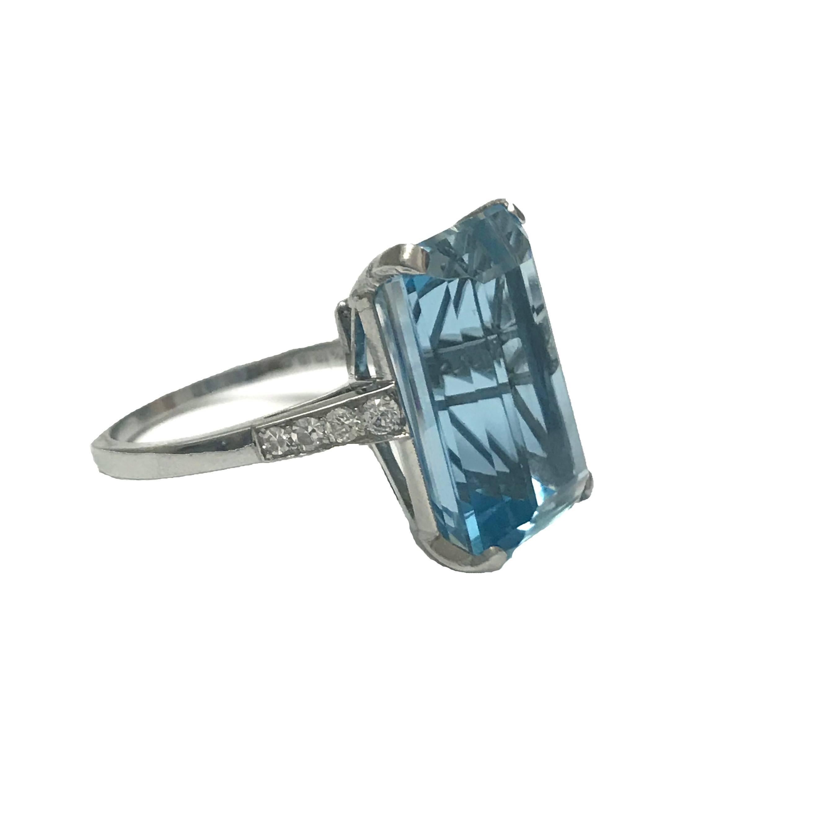 Thanks to Prince Harry & Meghan Markle Aquamarine cocktail rings have made a resurgence onto the jewellery market. This ring has an exceptional emerald cut aquamarine weighing approximately 11.20ct mounted with diamond accents in a beautiful,
