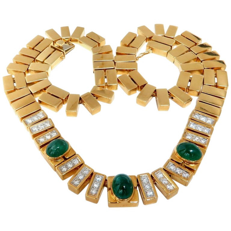 11.20 Carat Natural Cabochon Emeralds Diamond Iconic Statement Necklace ...