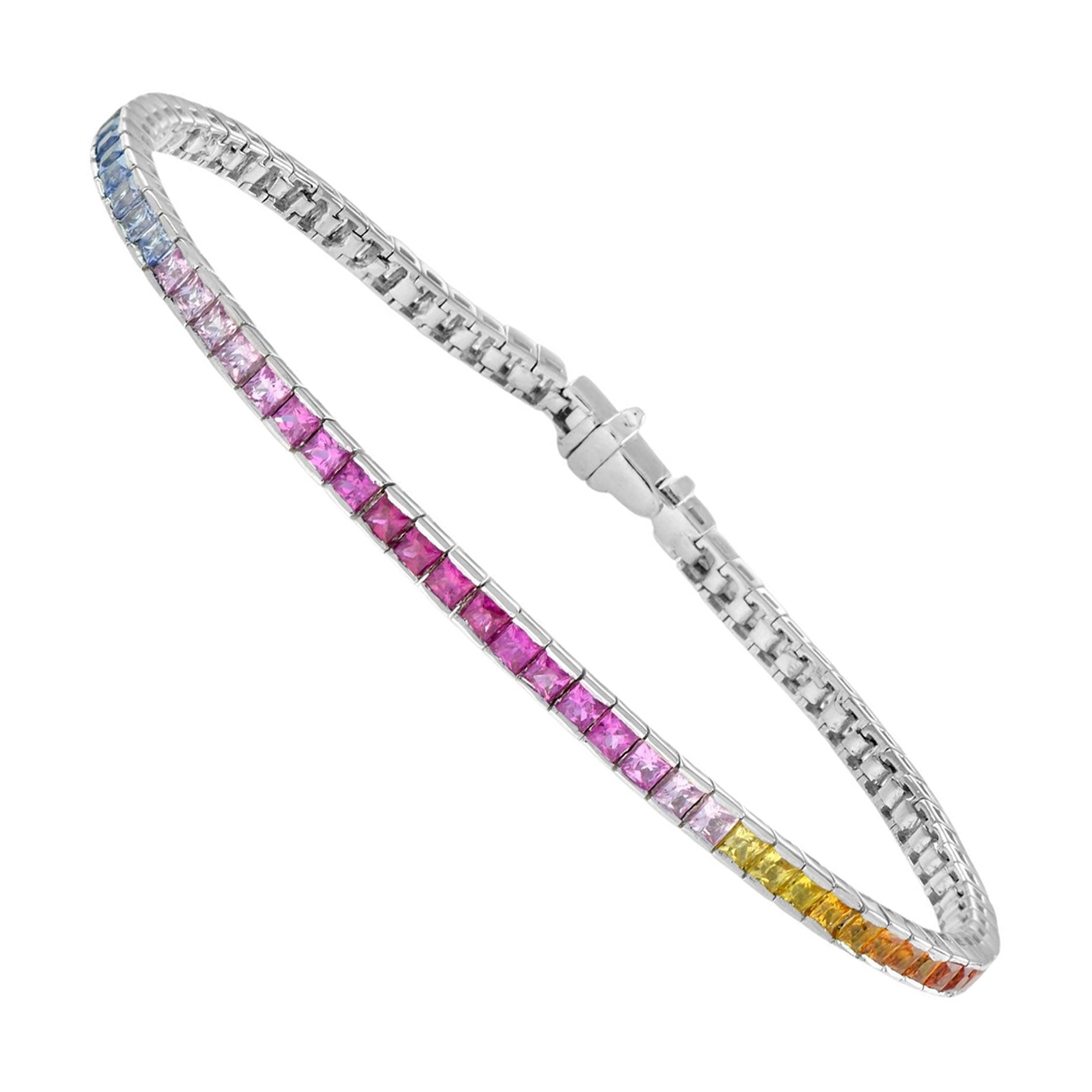 Pulsera de tenis de zafiro arco iris natural de 11,20 quilates en oro blanco de 18 quilates