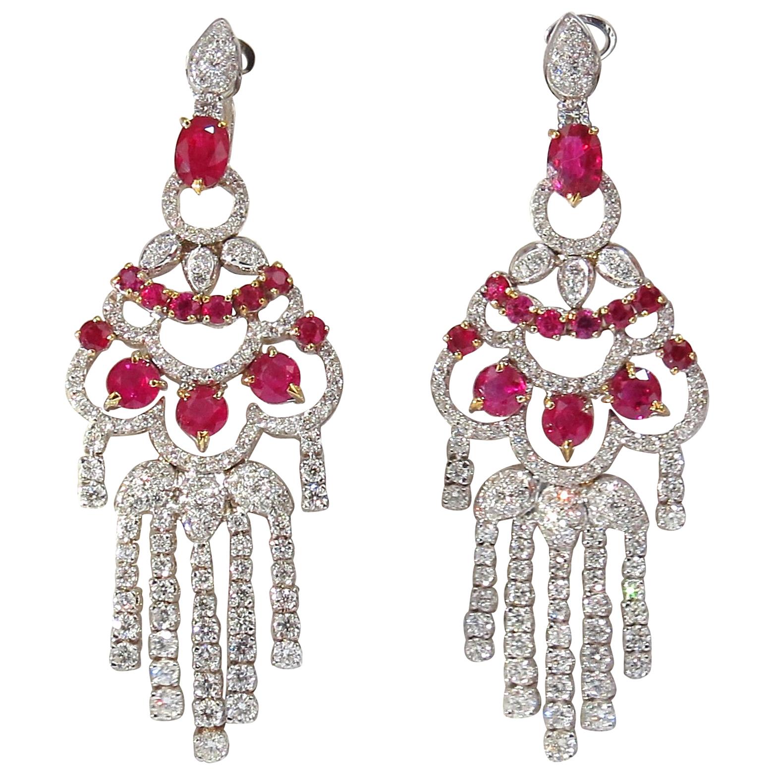 11.20 Carat Natural Red Ruby Diamond Dangling Chandelier Earrings Omega 18Karat*