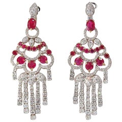 11.20 Carat Natural Red Ruby Diamond Dangling Chandelier Earrings Omega 18Karat*