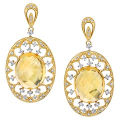 11.20 Carat Total Faceted Citrine Cabochon, Diamond Yellow Gold Dangle Earrings 