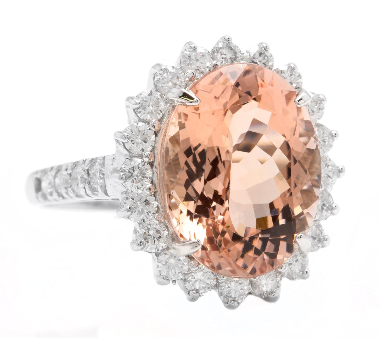 11.10 Carats Exquisite Natural Morganite and Diamond 14K Solid White Gold Ring

Suggested Replacement Value: $8,500.00

Total Natural Oval Shaped Morganite Weights: Approx. 10.00 Carats

Morganite Measures: Approx. 16.00 x 12.00mm

Natural Round