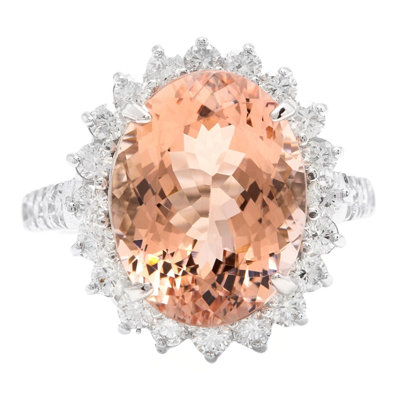 11.10 Carats Natural Morganite and Diamond 14k Solid White Gold Ring For Sale