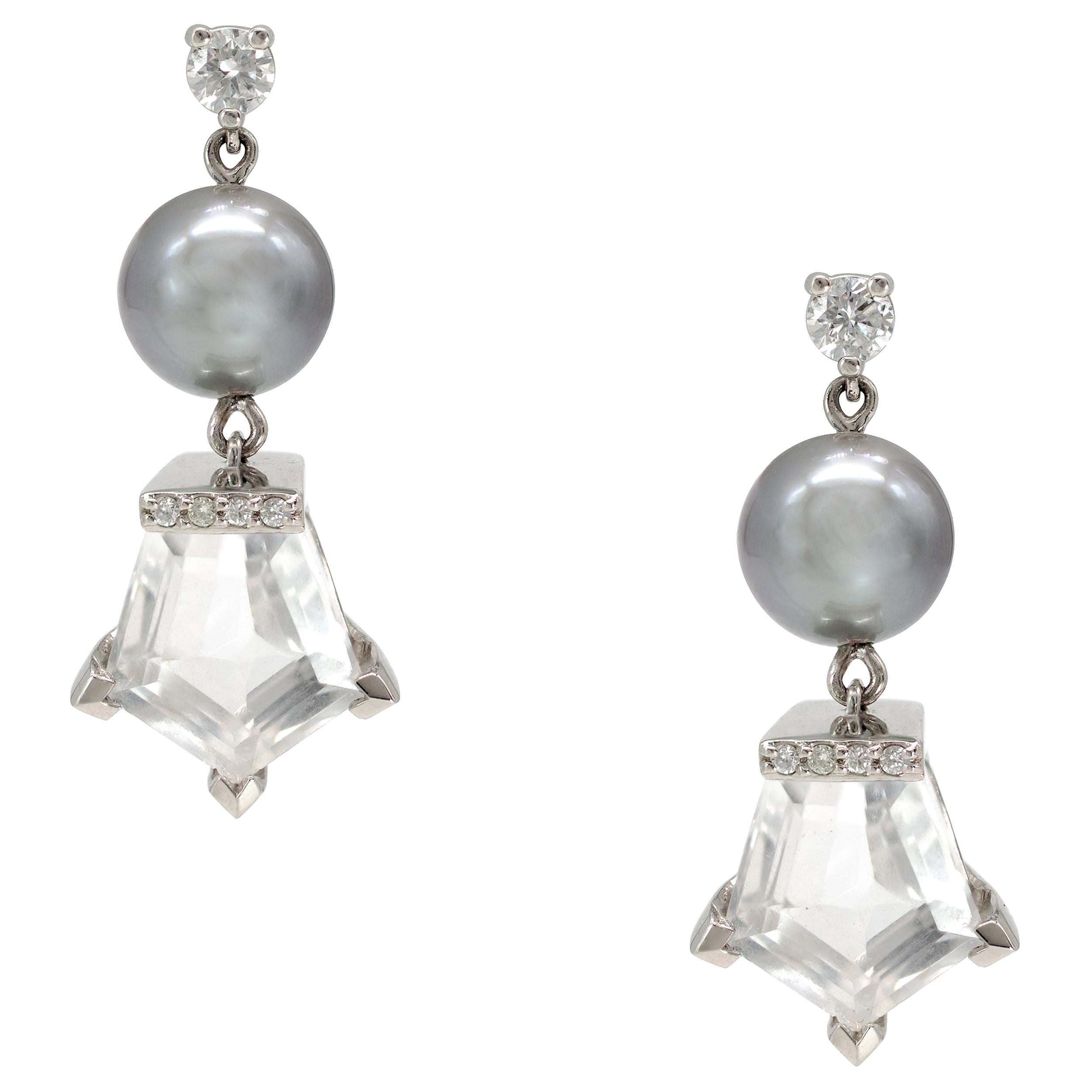 11.20 Carat Total Tahitian Pearl Rock Crystal Diamond Earrings