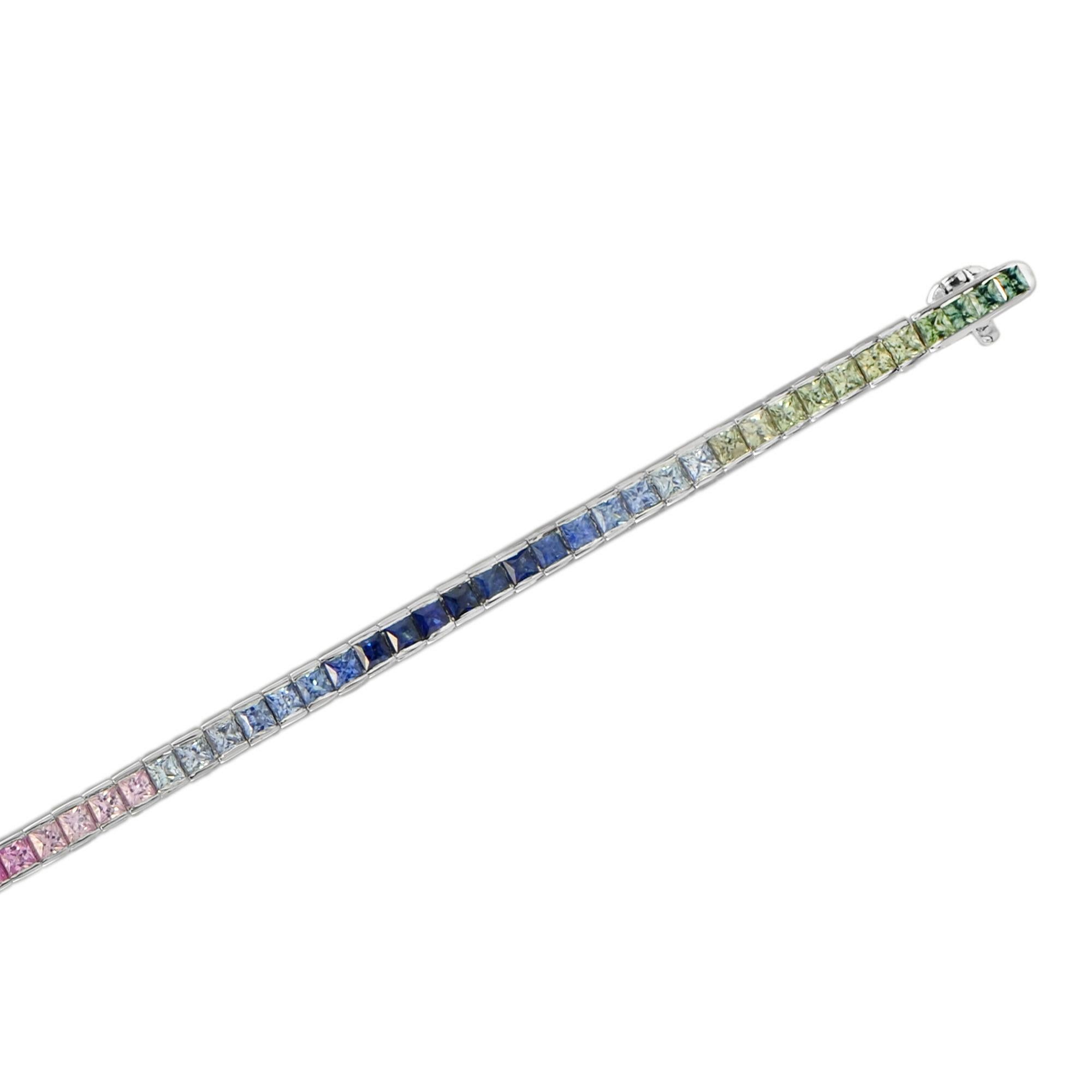 Made with exceptional, vibrant natural sapphires in every color of the rainbow, this bracelet is for the lady who loves the colorful versatility of a fine sapphire bracelet. Each and every sapphire is hand picked and the colors are bright and