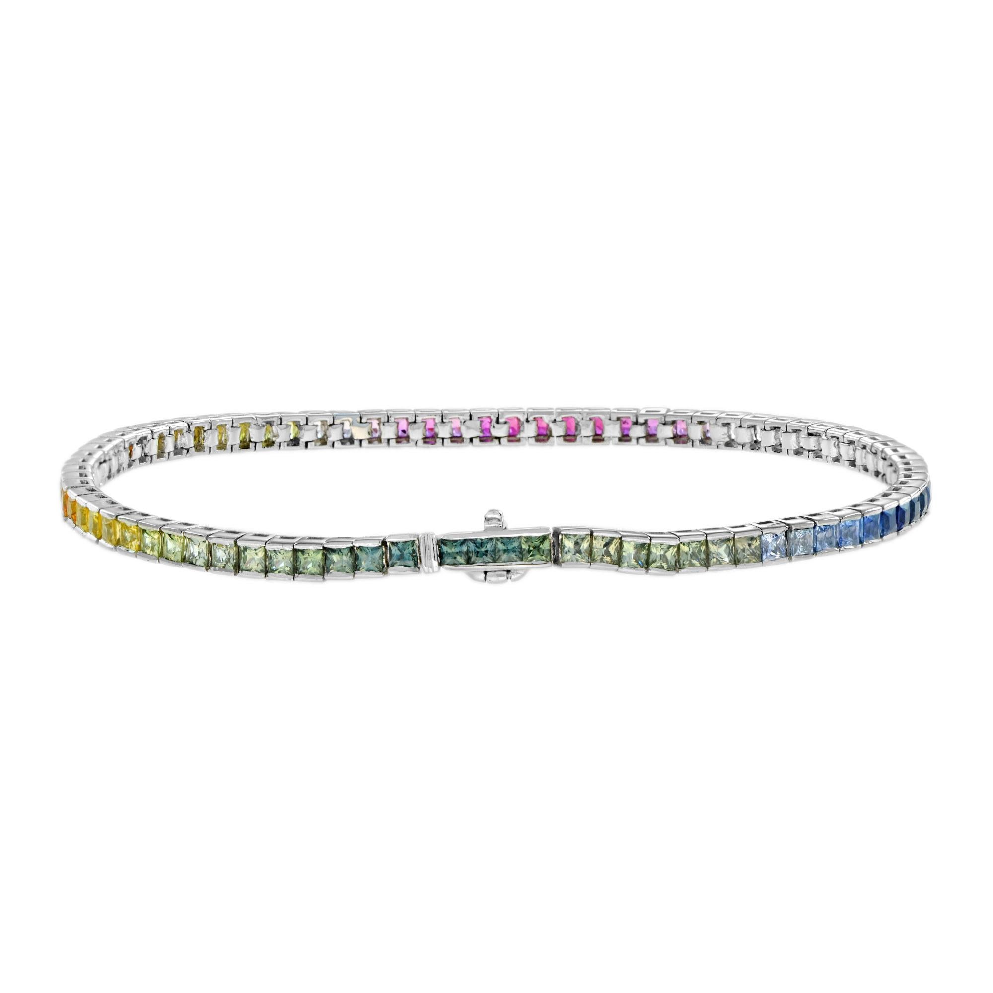 11.20 Ct. Natural Rainbow Sapphire Tennis Bracelet in 18K White Gold In New Condition For Sale In Bangkok, TH