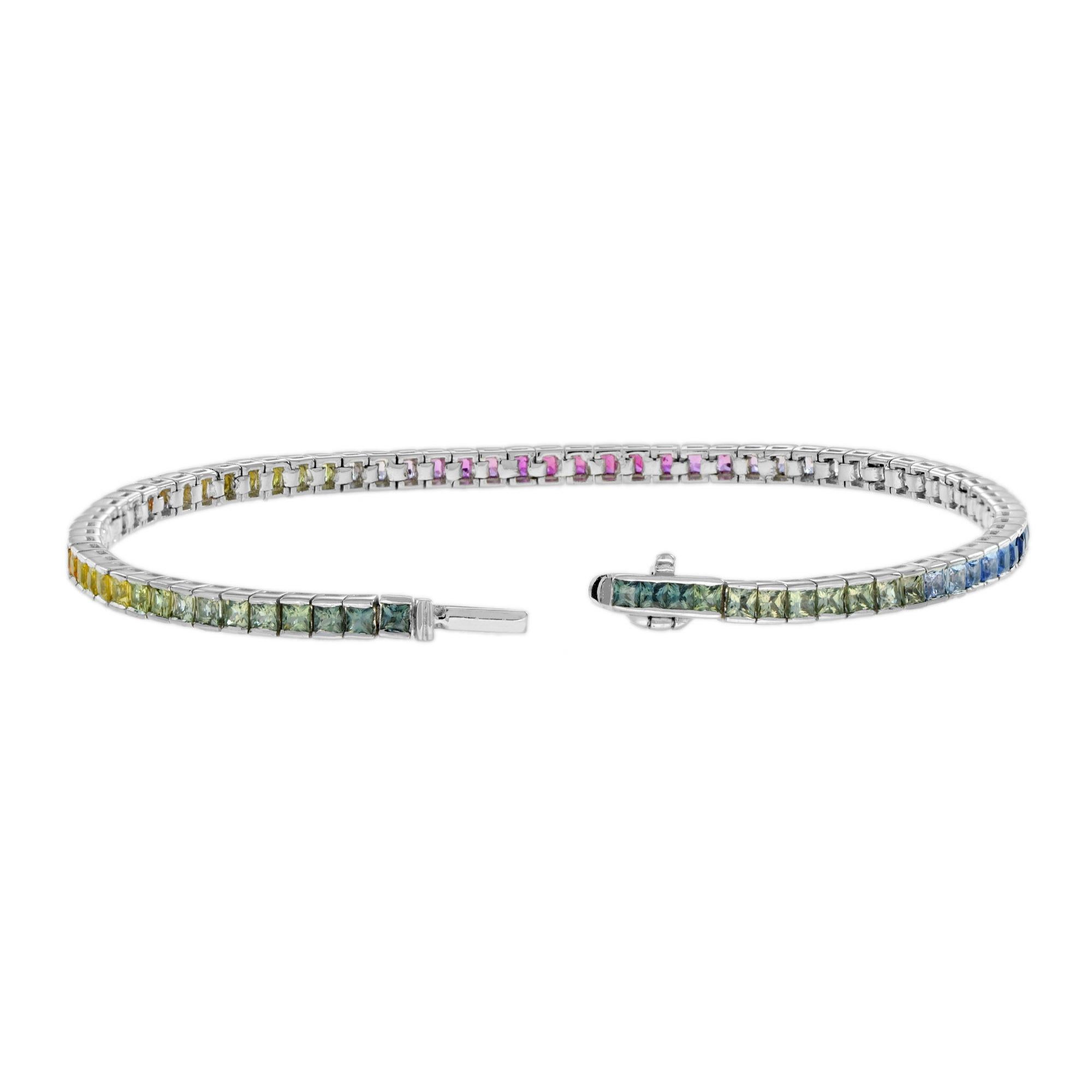 Women's or Men's 11.20 Ct. Natural Rainbow Sapphire Tennis Bracelet in 18K White Gold For Sale