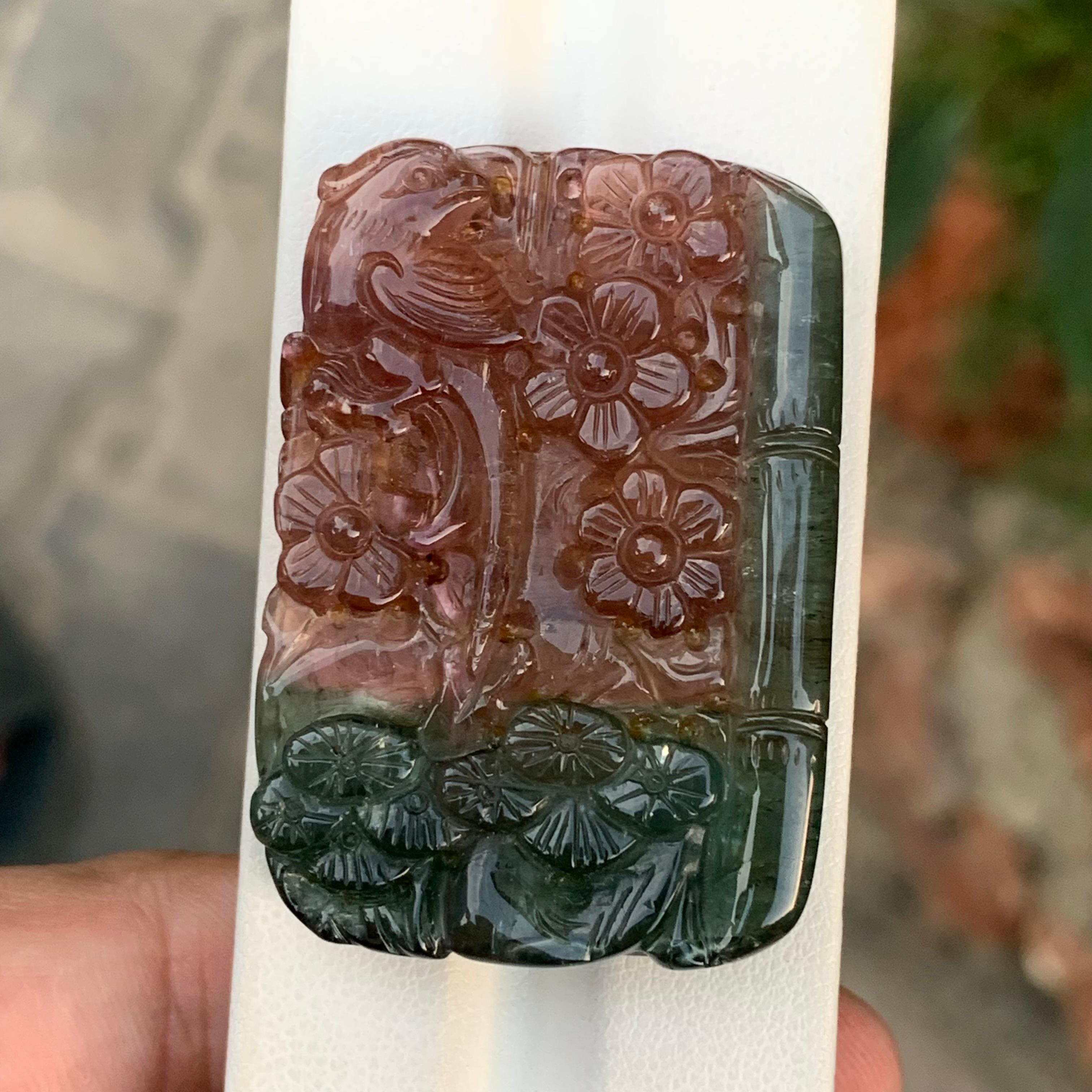 Bi Colour Tourmaline Drilled Carving 

Weight: 112.05 Carats
Dimension: 44 x 30 x 6.7 Mm
Origin: Madagascar, Africa 
Treatment: Non
Colour: Green And Peach Pink 


Tourmaline is a captivating gemstone known for its remarkable variety of colors,