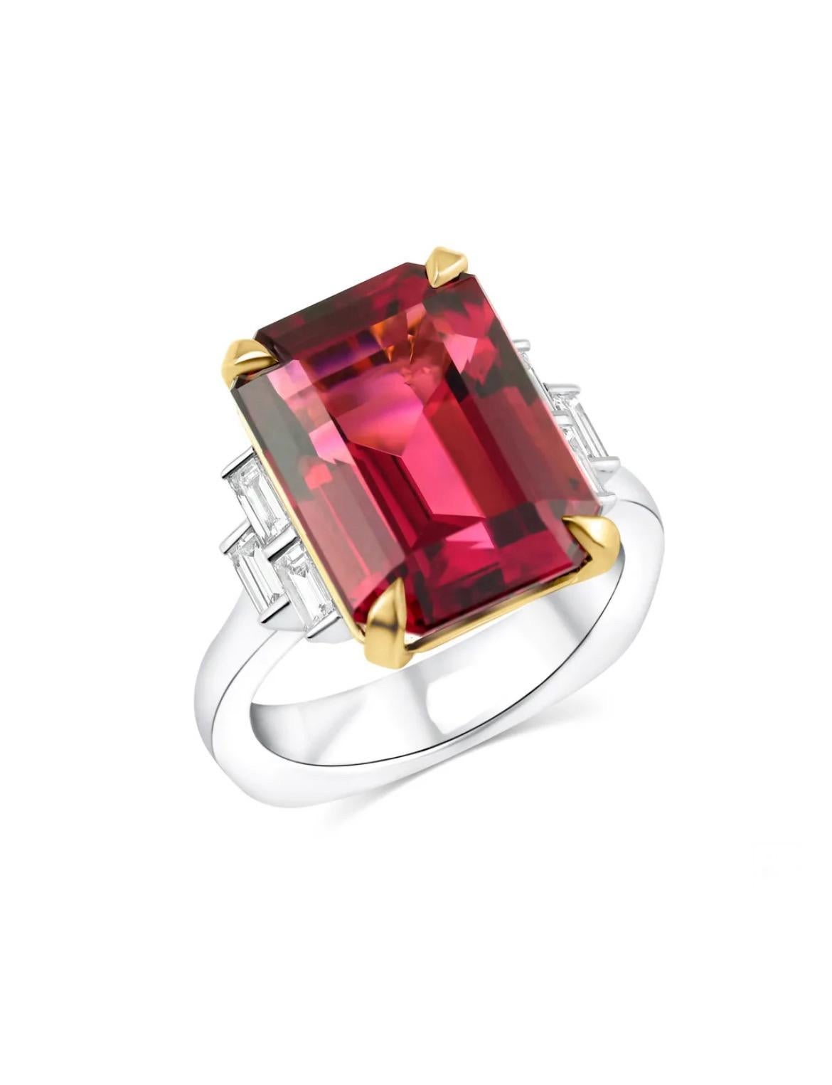 18K white with rose gold ring, featuring a breathtaking 11.20-carat Rubellite, radiating with a richly saturated raspberry-wine red glow, the impressively proportioned emerald-cut gemstone is tastefully presented with six baguette-cut diamonds