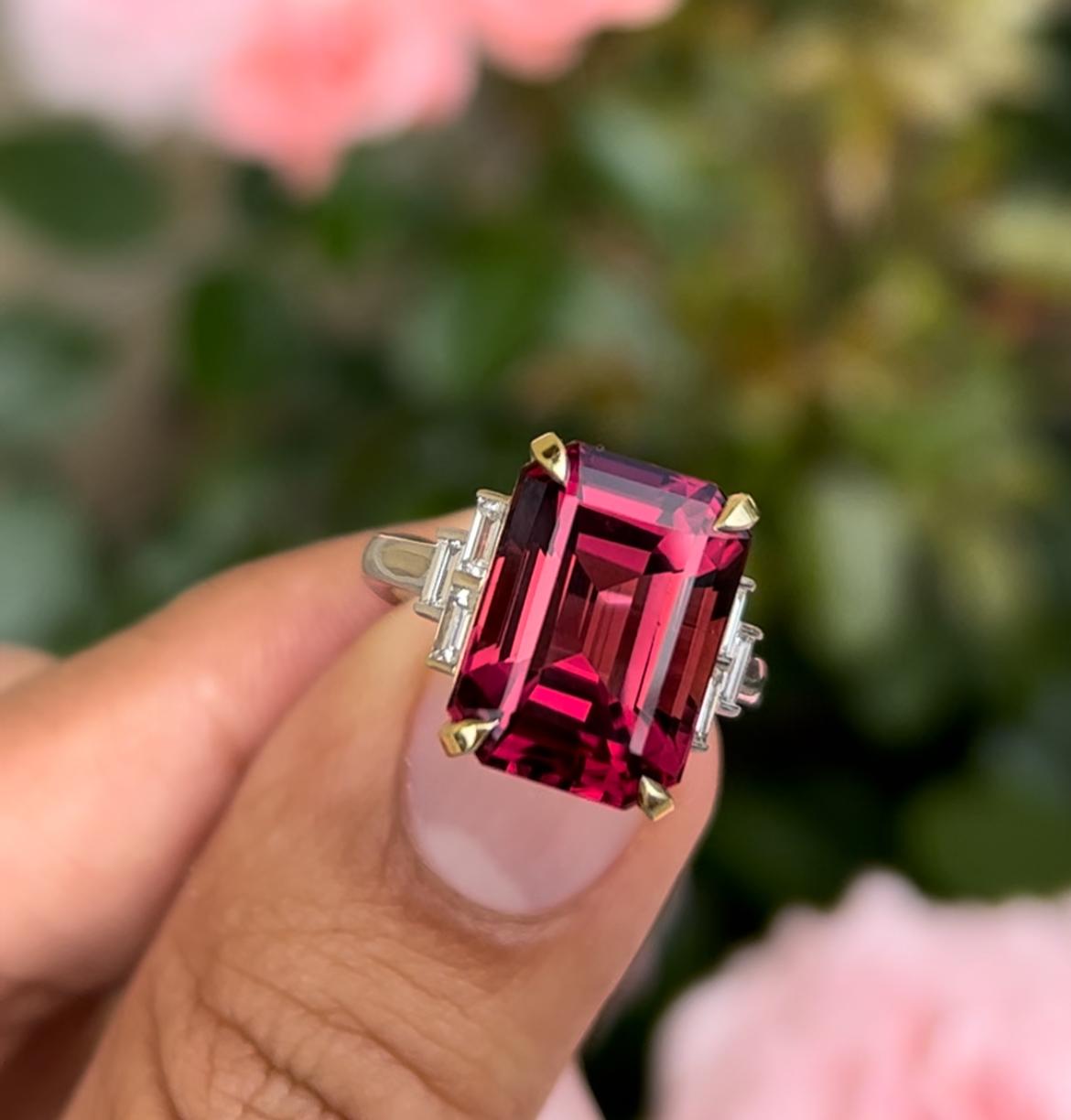 Emerald Cut 11.20ct Tourmaline ring in 18K white with rose gold. GIA certified. For Sale