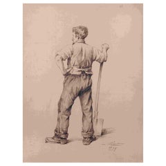 Man at Work - Original Drawing by Louis Emile Minet - 1899