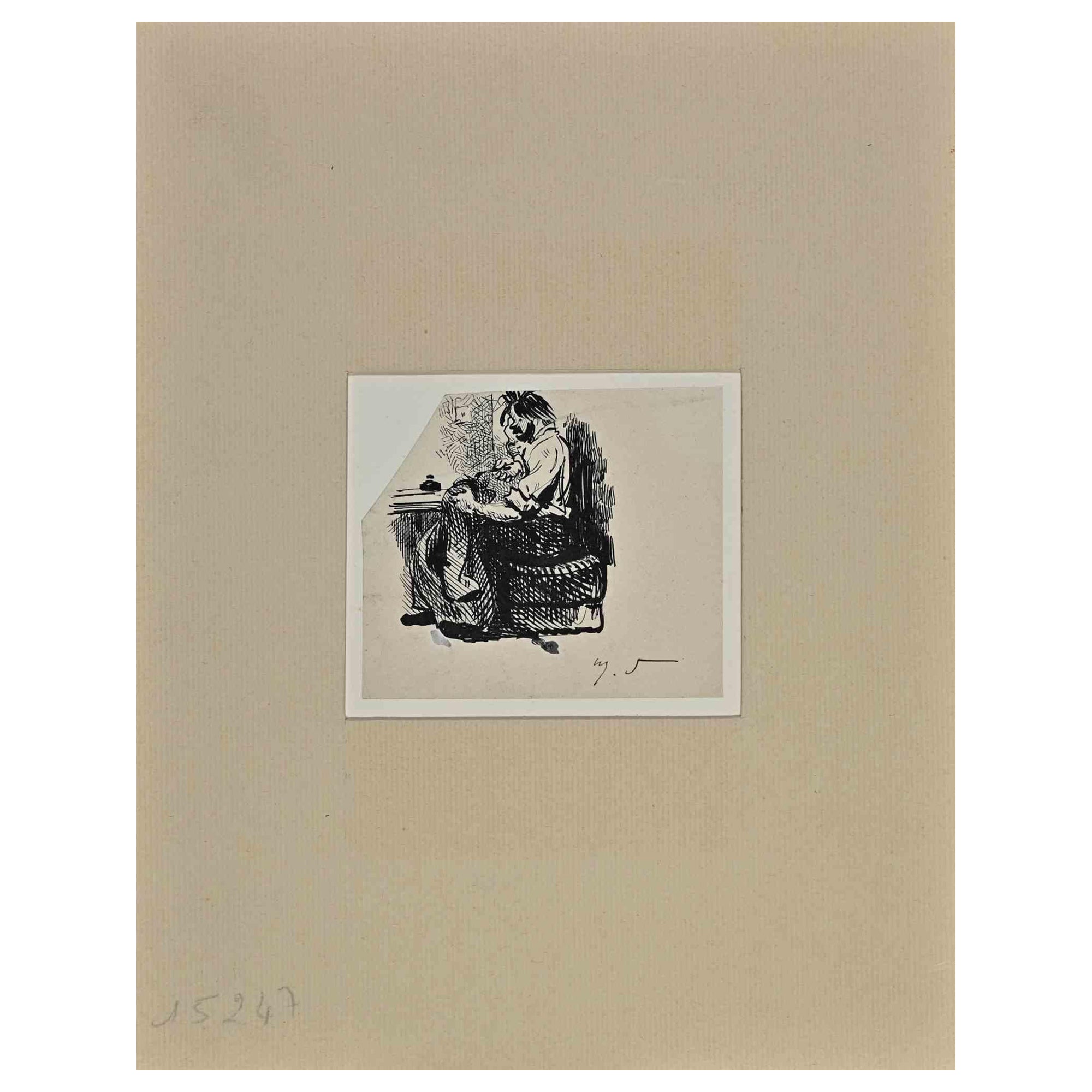 Henry Somm Figurative Art - Man Working - Original Ink Drawing on Paper by H. Somm - Late 19th Century