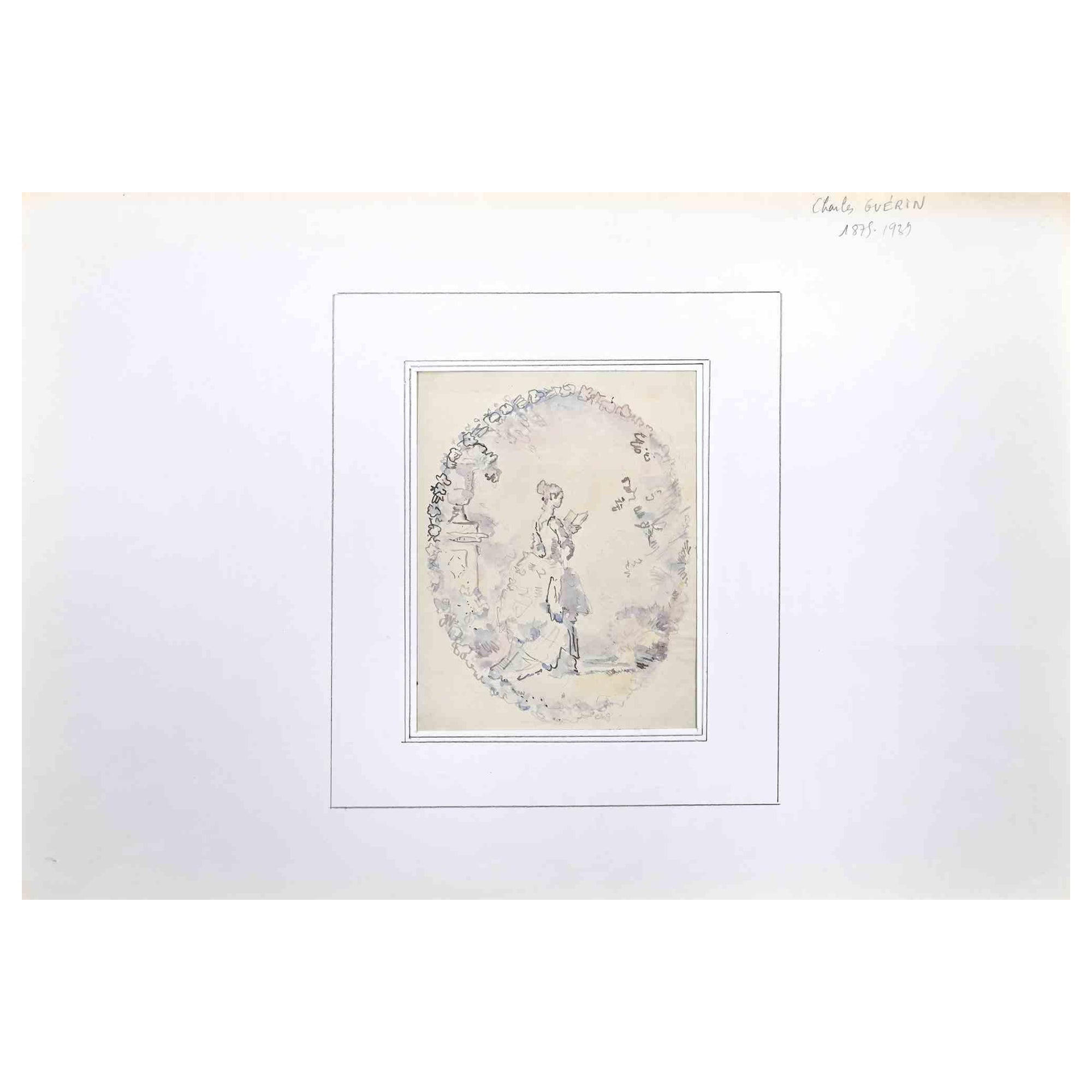 Jeune femme en train de lire - dessin original de Charles Guerin - début du XXe siècle