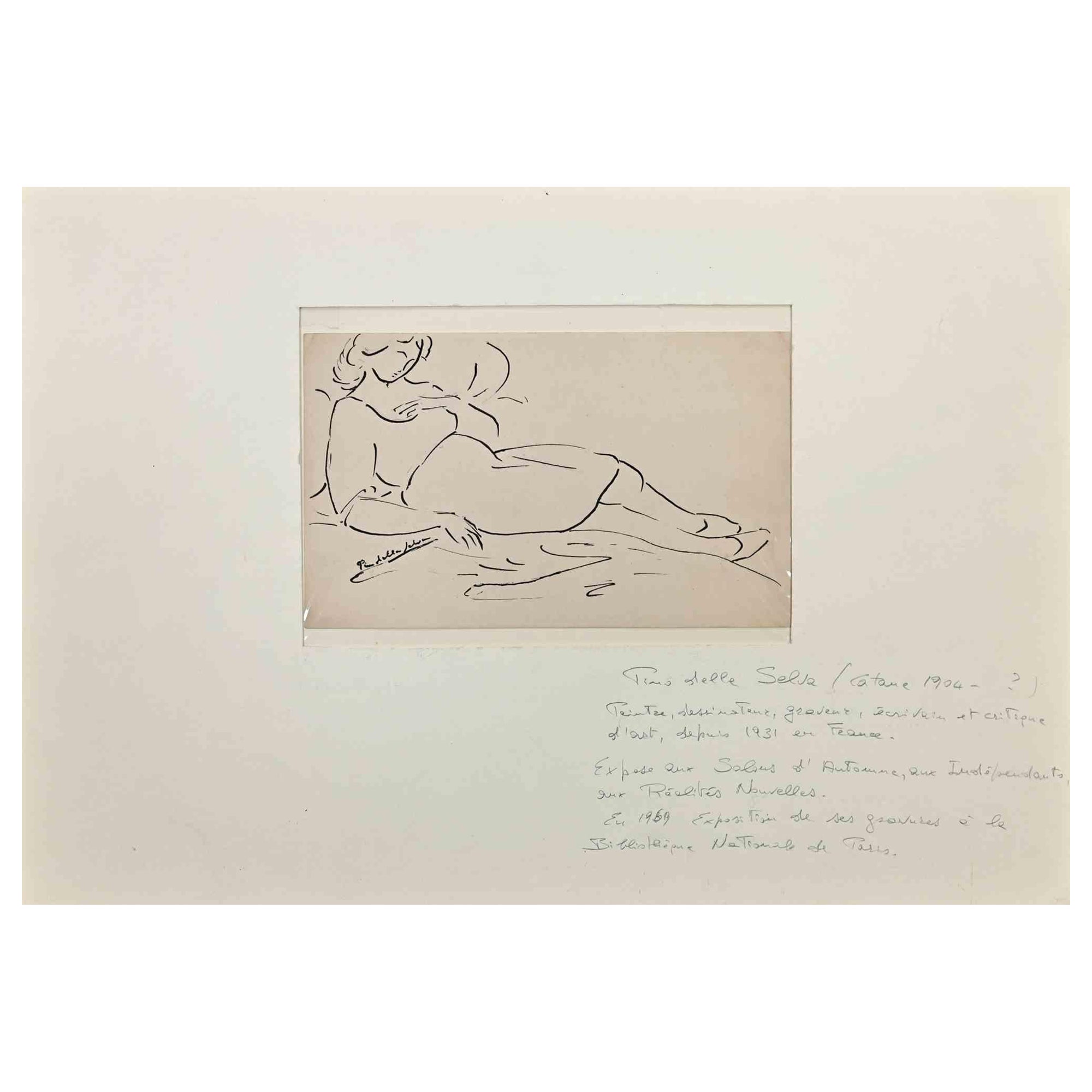 Mujer semidesnuda es un Dibujo original en tinta china realizado por Pino della Selva (1904-1987).

En buen estado, incluye un paspartú de cartón blanco (35x50 cm).

Firmado a mano por el artista en la esquina inferior izquierda.

Pino della Selva