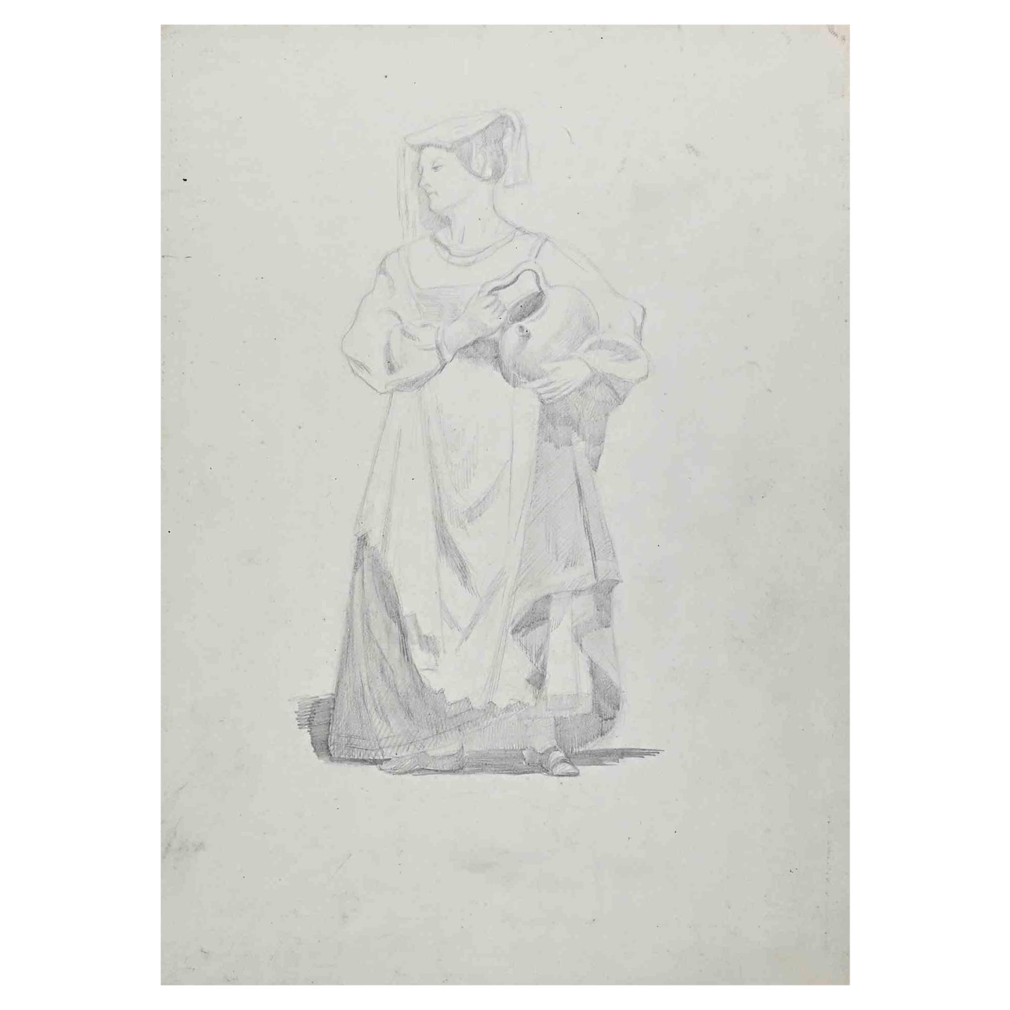 Woman - Original Drawing on Paper by A..E Viollet-Le-Duc  - Mid 19th Century