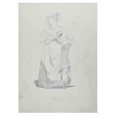 Woman - Original Drawing on Paper by A..E Viollet-Le-Duc  - Mid 19th Century