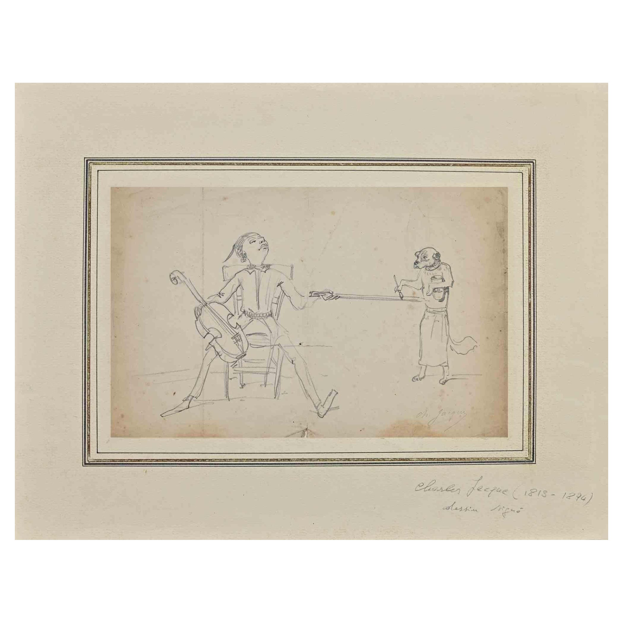 Musician - Original Drawing on Paper by Charles Jacque - Mid 19th Century