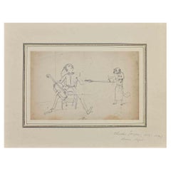 Musician - Original Drawing on Paper by Charles Jacque - Mid 19th Century