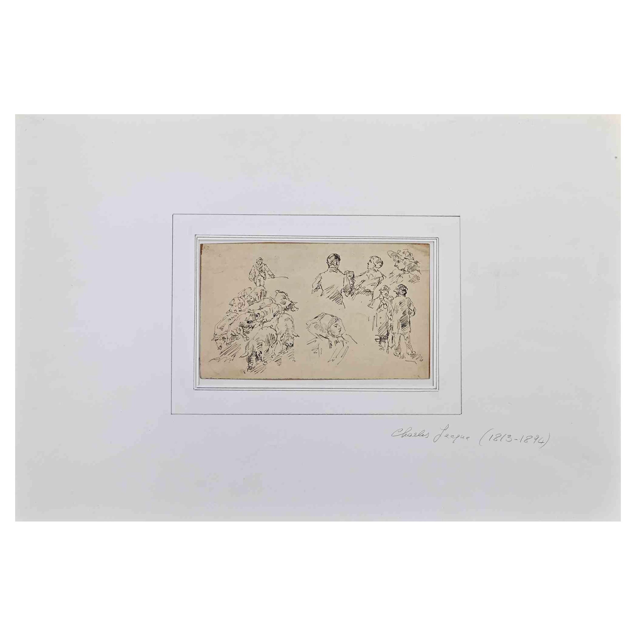 Philippe Charles Jacquet Figurative Art - Figures - Original Drawing on Paper by Charles Jacque - Mid 19th Century