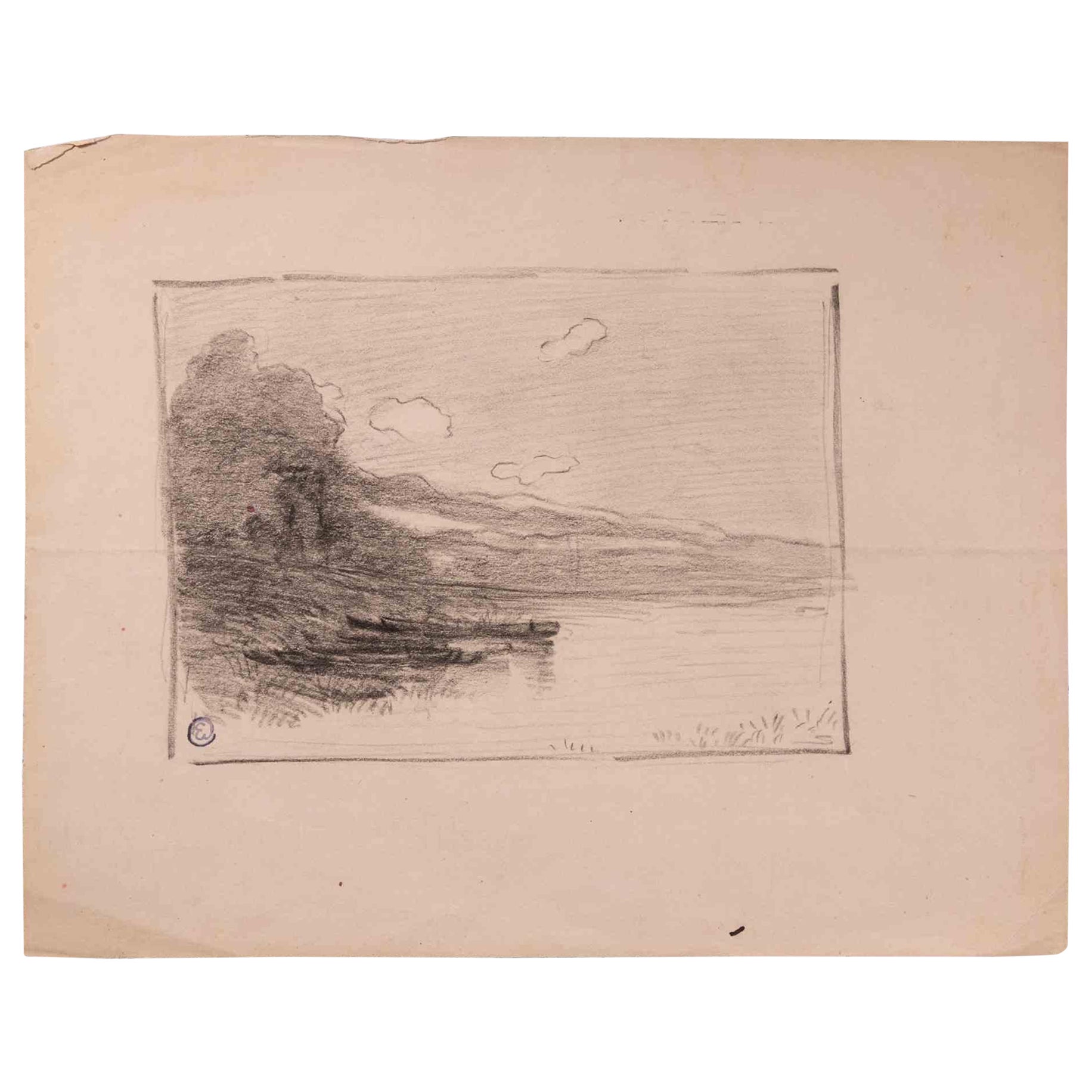 Paysage - dessin original d'Edmond Cuisinier - début du XXe siècle