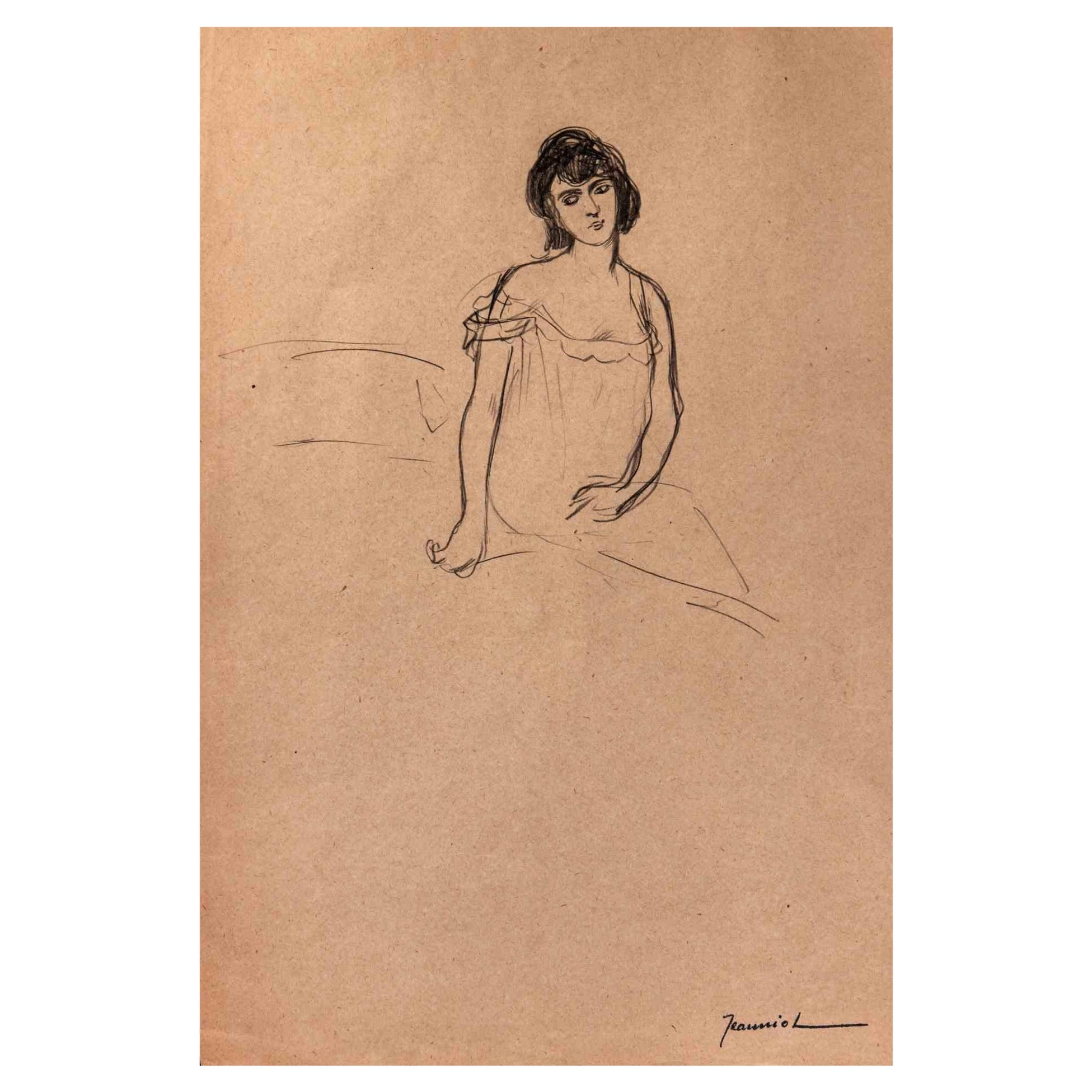 La Dama - Dibujo a lápiz de Pierre Georges Jeanniot - Principios del siglo XX