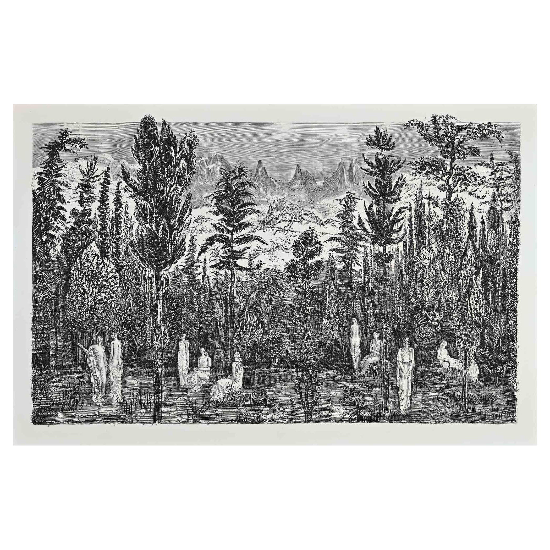 Landscape - China Ink Drawing  by Albert Decaris - Mid-20th Century