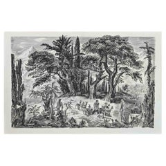 Paisaje - Dibujo en tinta de chía  de Albert Decaris - Mediados del siglo XX