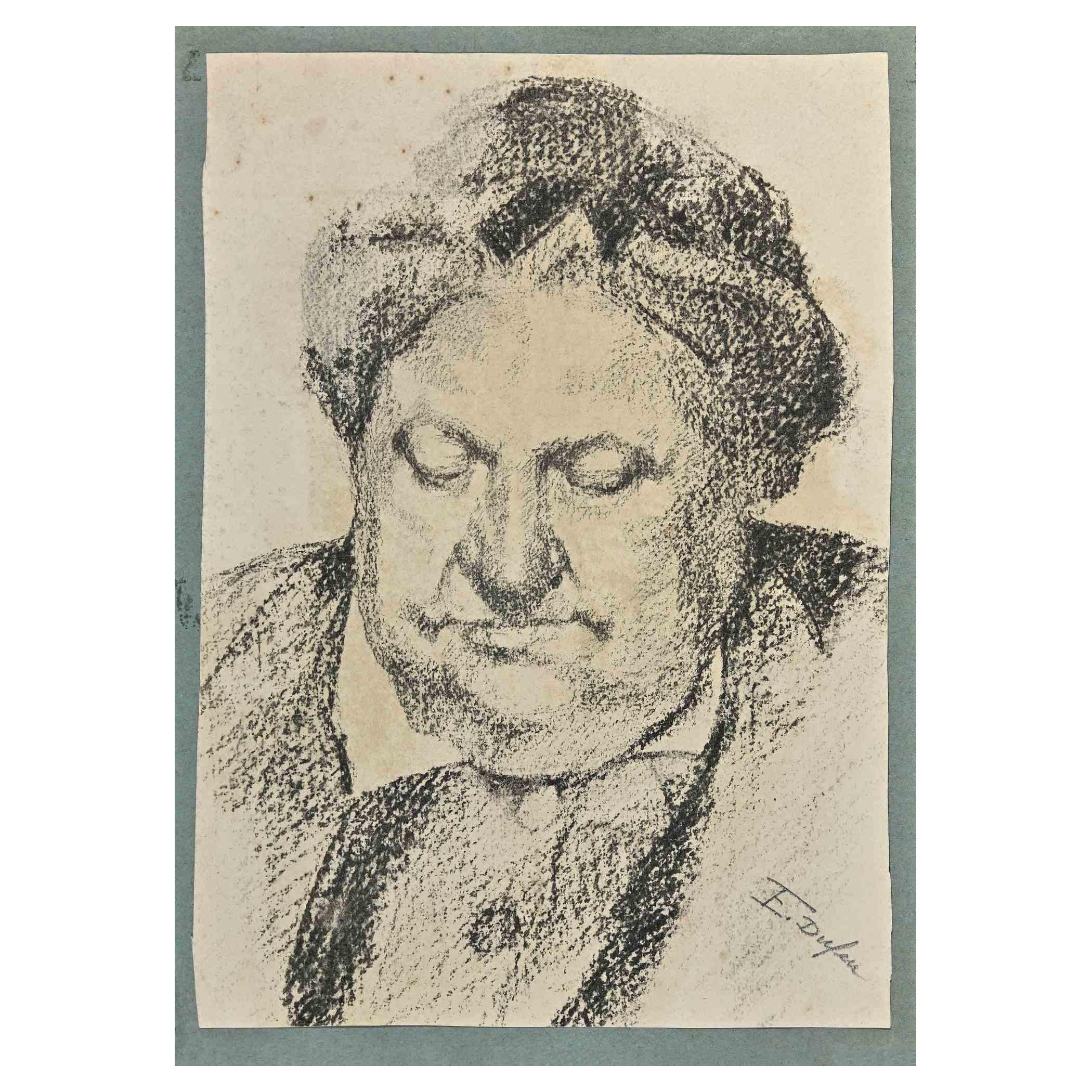 Retrato - Dibujo original al carboncillo de Edouard Dufeu - Finales del siglo XIX