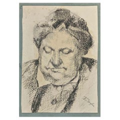 Retrato - Dibujo original al carboncillo de Edouard Dufeu - Finales del siglo XIX