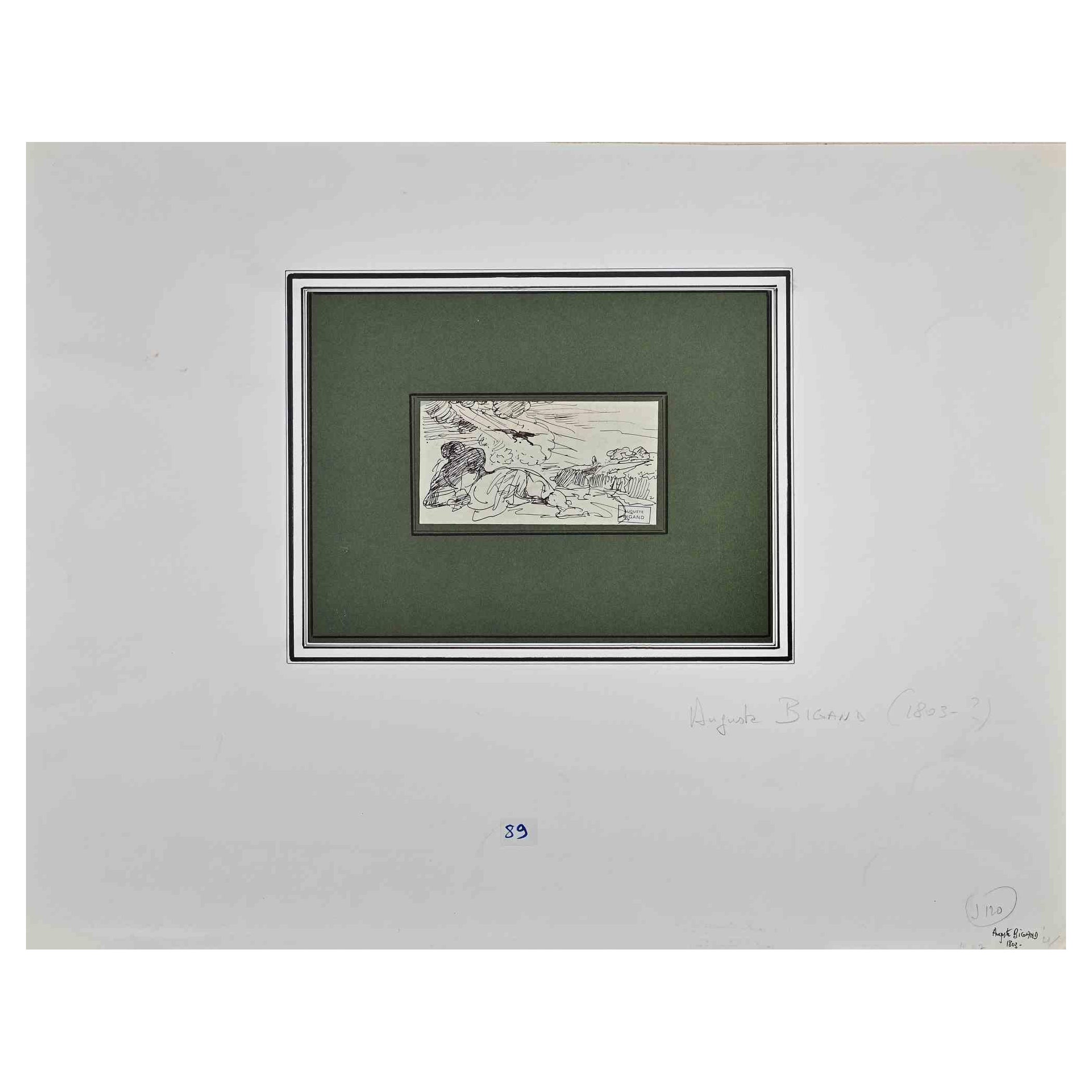 Landscape - Ink Drawing by Auguste Bigand - Mid 19th Century