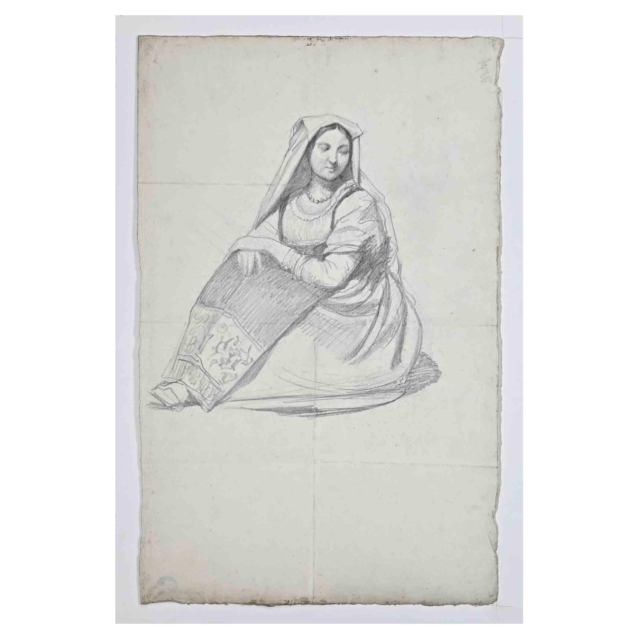 Woman - Original Pencil Drawing by Raymond Balze - Mid 19th century